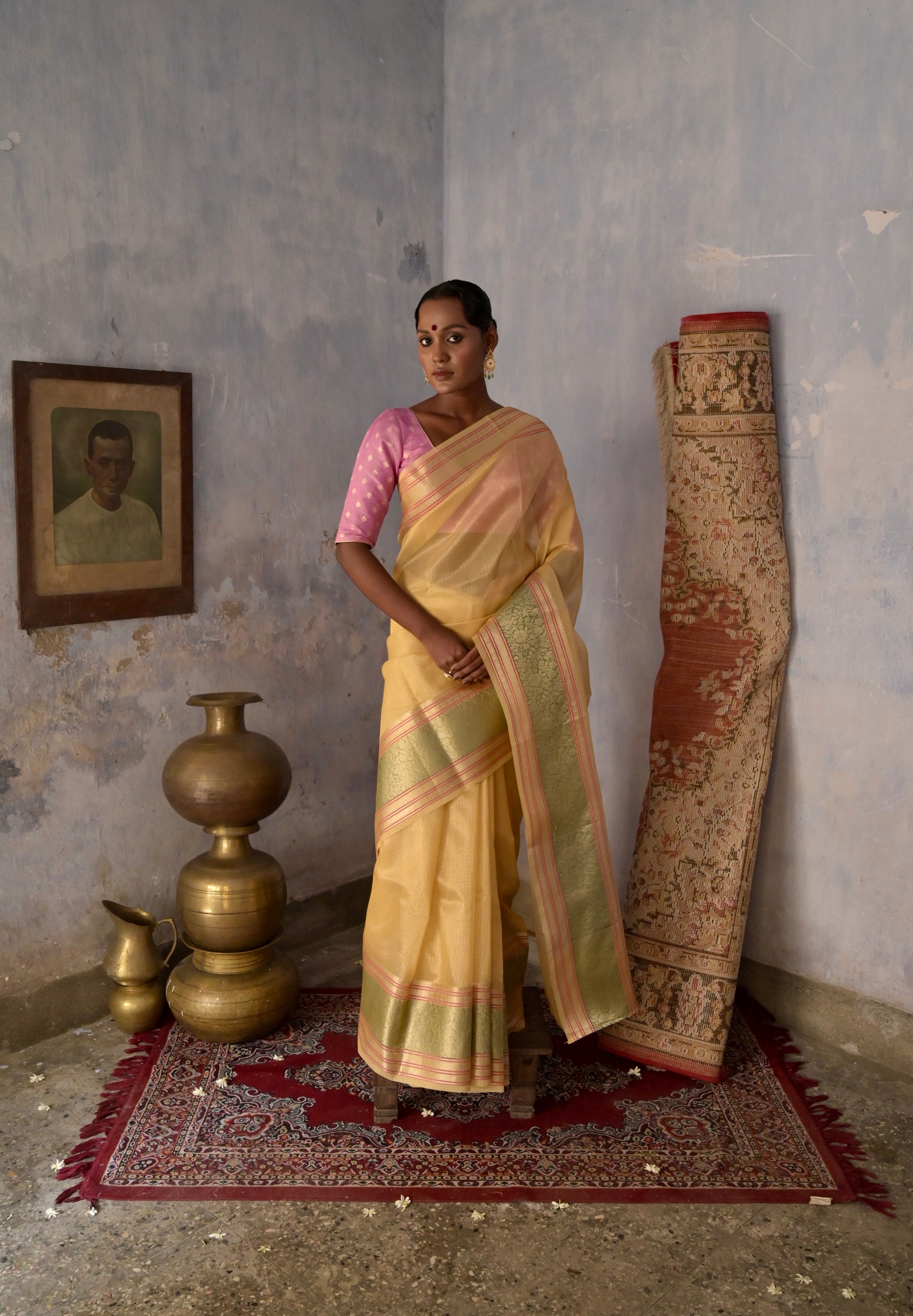 Gulzar-e-Banaras I Golden Yellow Handloom Kota Banarasi Saree with floral Zari Border