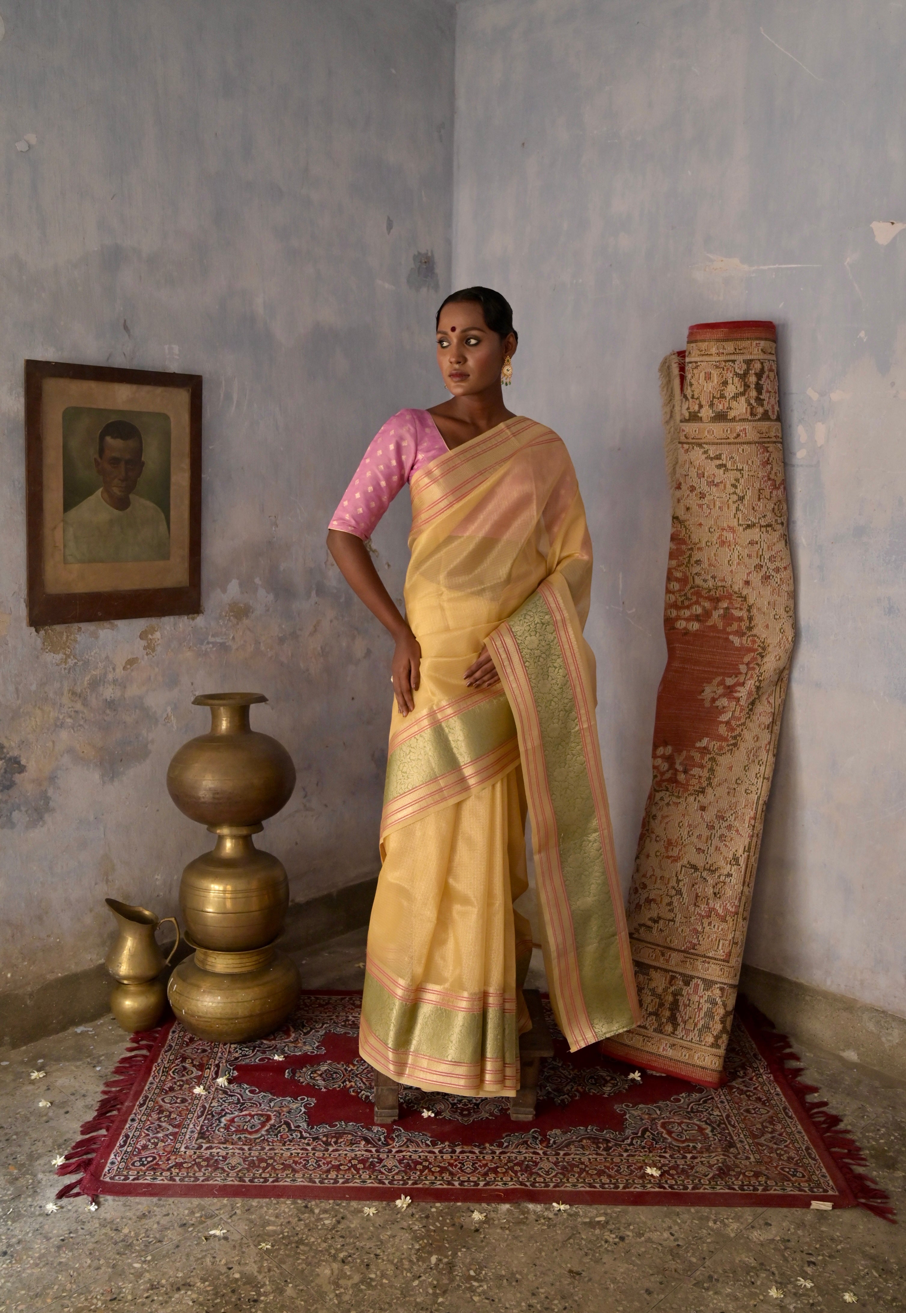 Gulzar-e-Banaras I Golden Yellow Handloom Kota Banarasi Saree with floral Zari Border