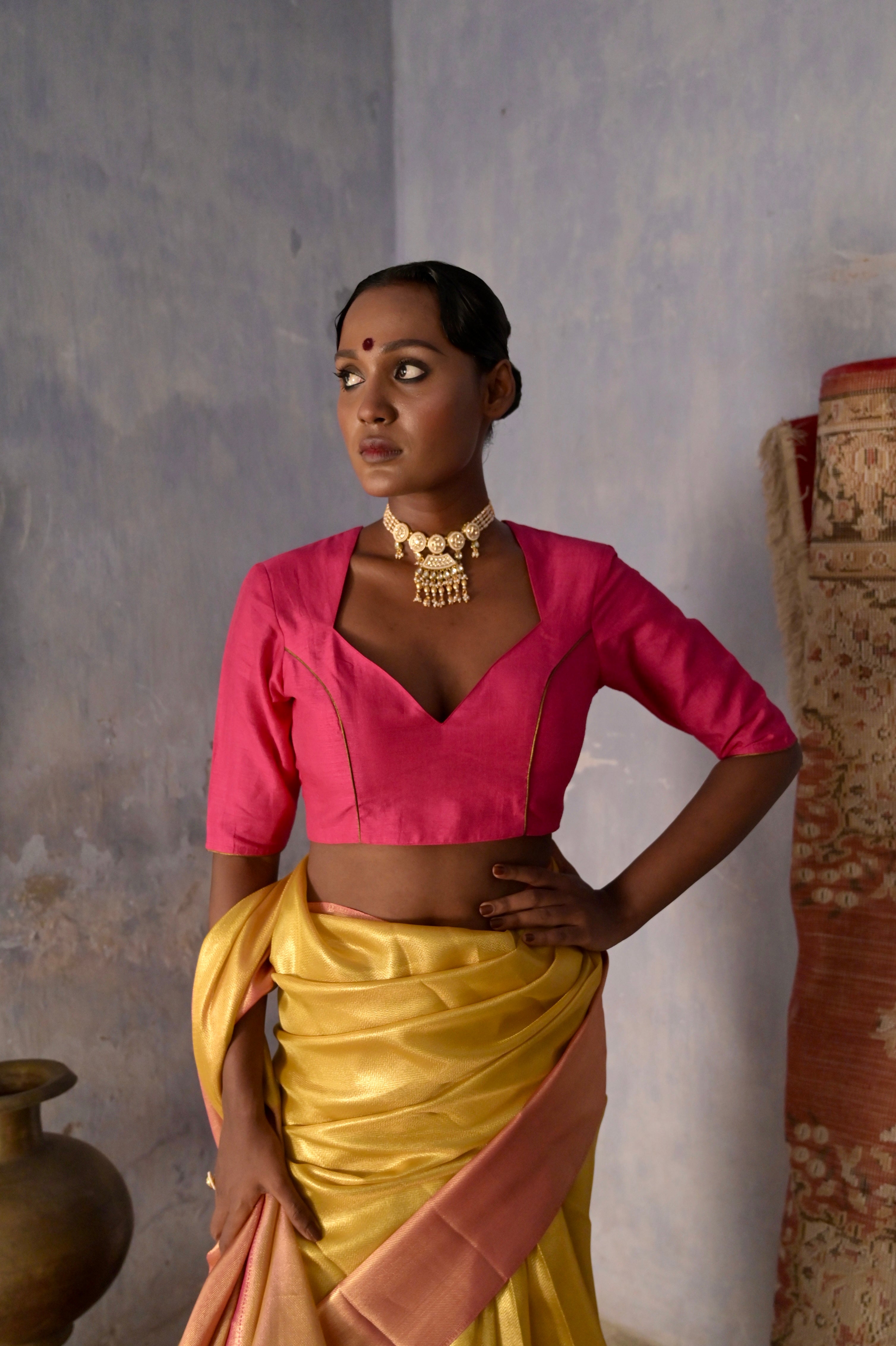 Raagmala I Pink silk blouse with sweetheart neckline