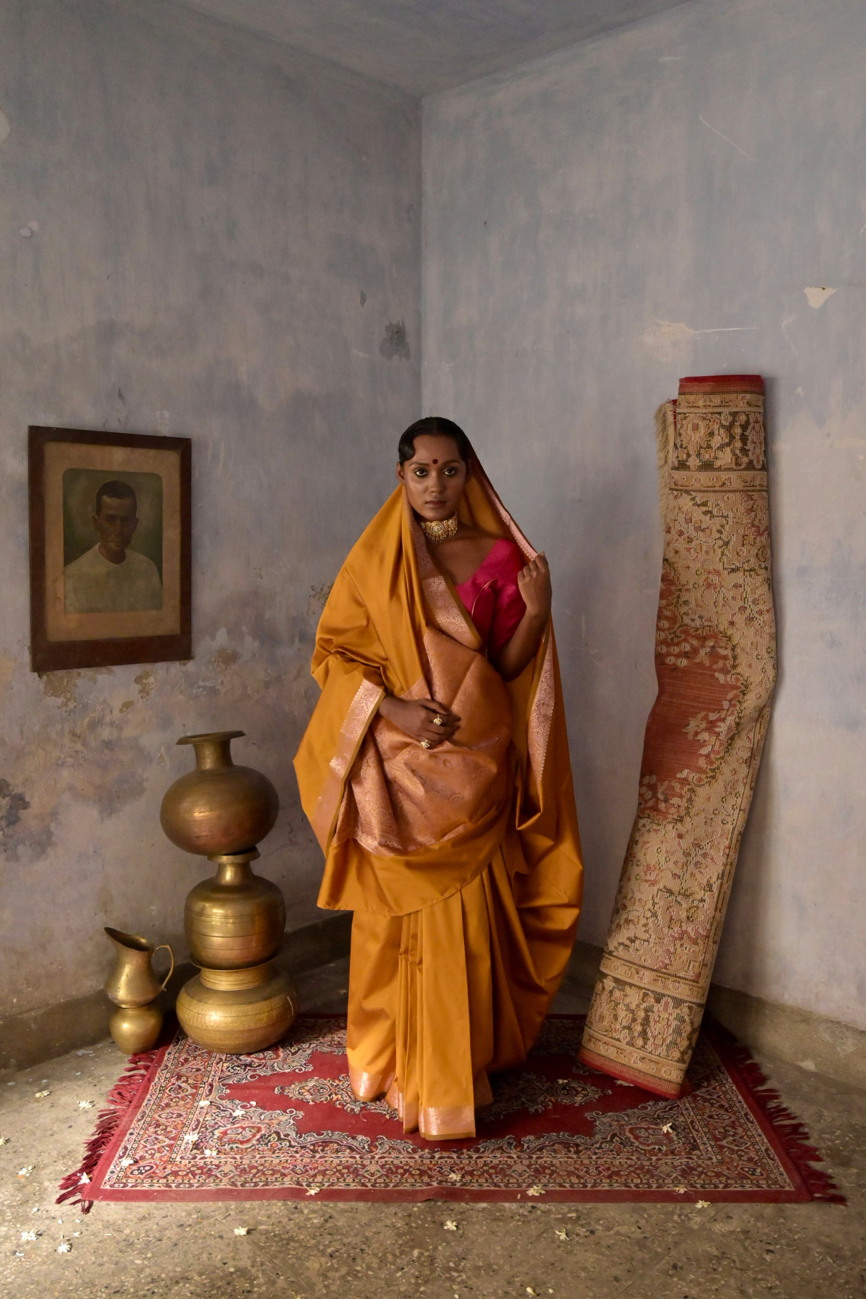 Kashika I Ochre Handloom Silk Banarasi Saree with Floral Zari Border