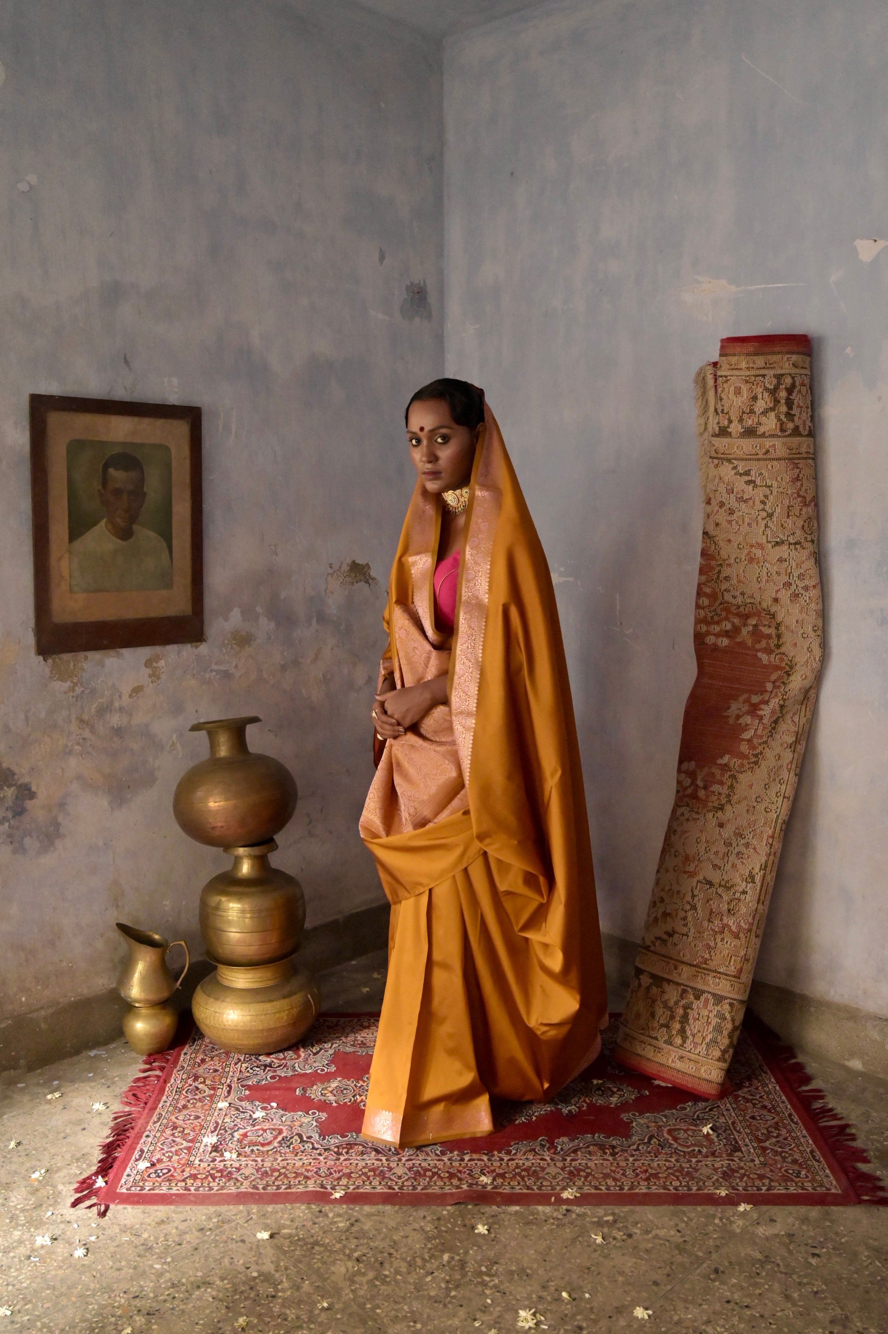 Kashika I Ochre Handloom Silk Banarasi Saree with Floral Zari Border