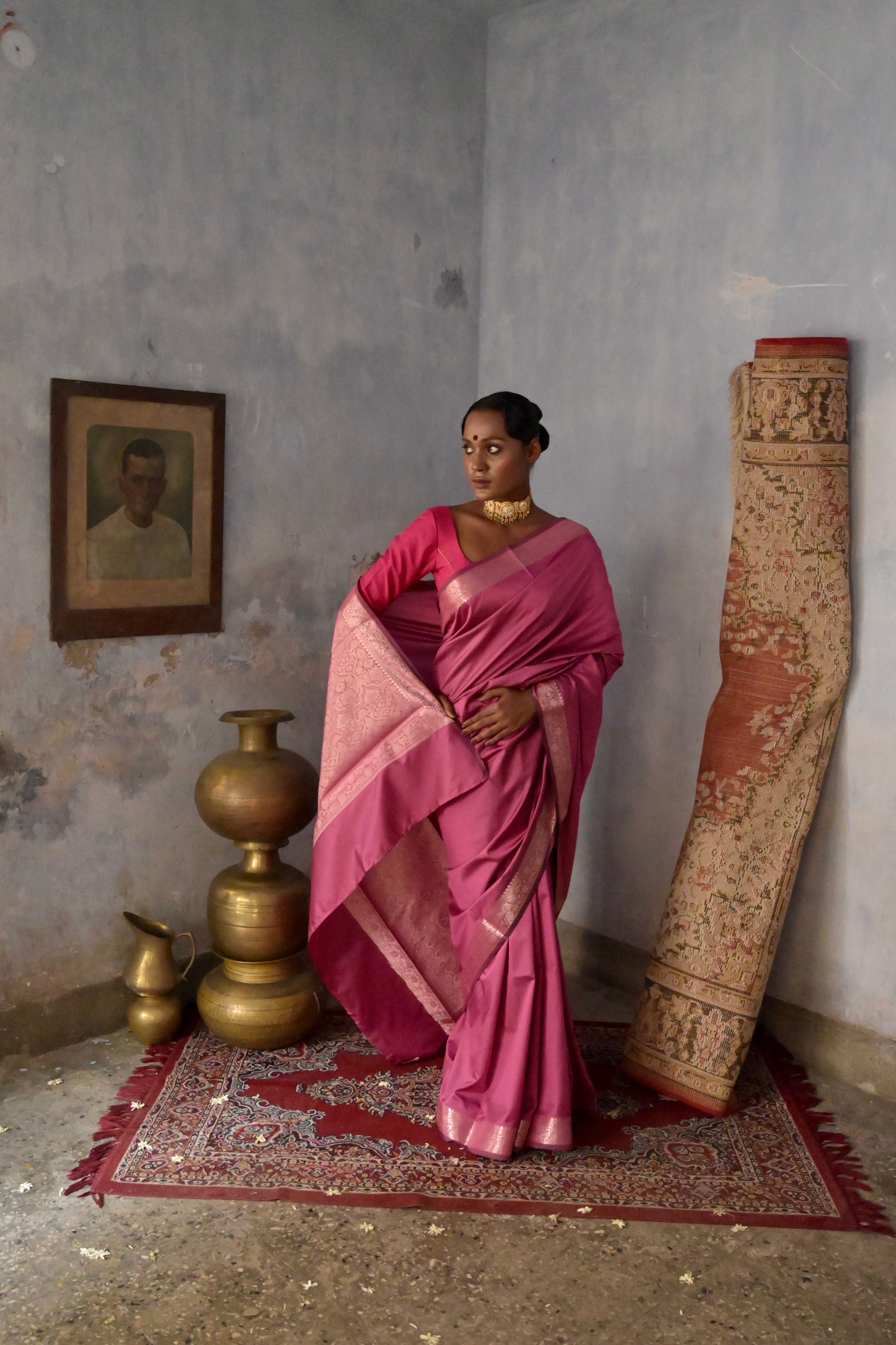 Zaviya I Pink Handloom Silk Banarasi Saree with Floral Zari Border