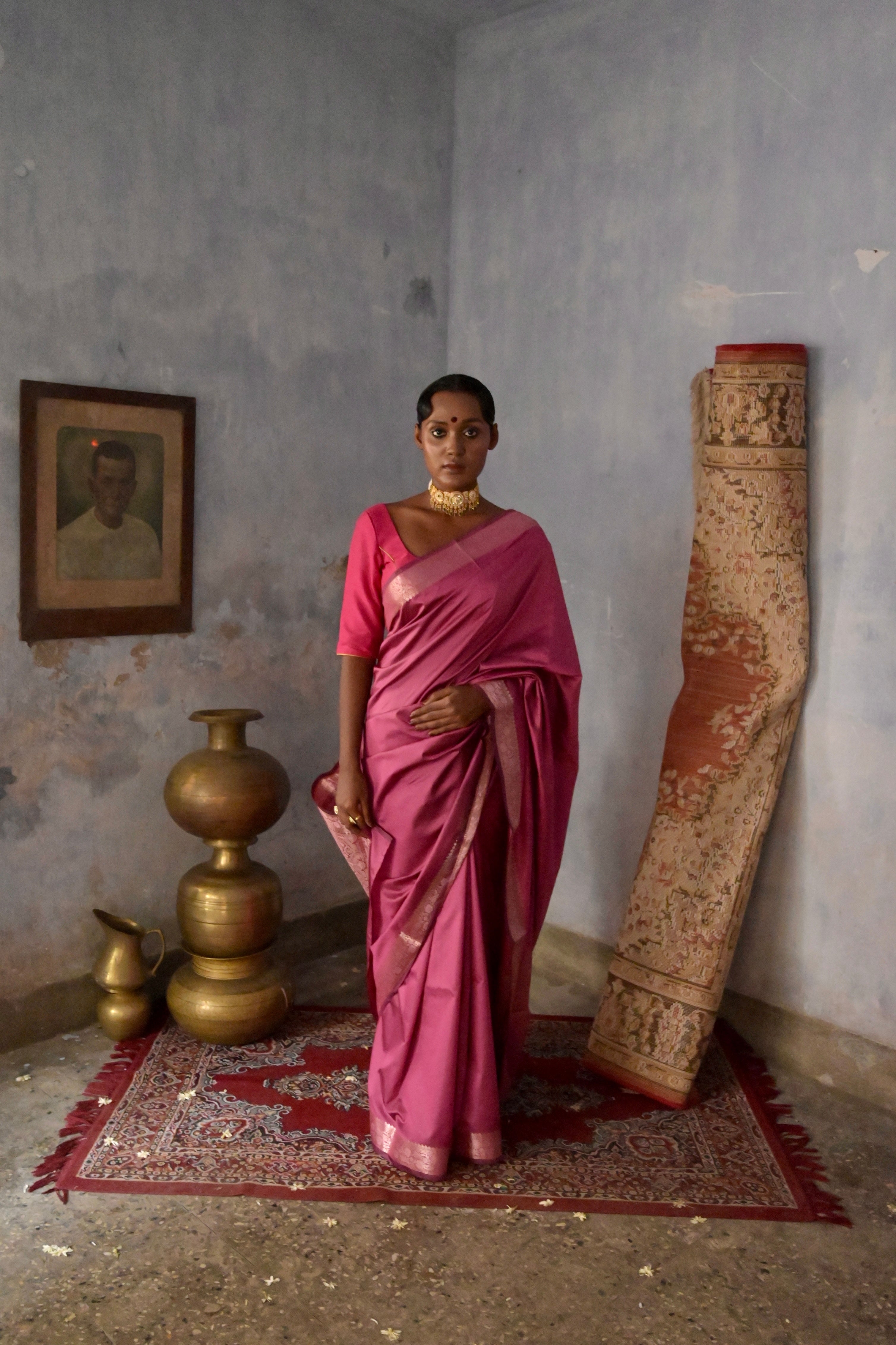 Zaviya I Pink Handloom Silk Banarasi Saree with Floral Zari Border