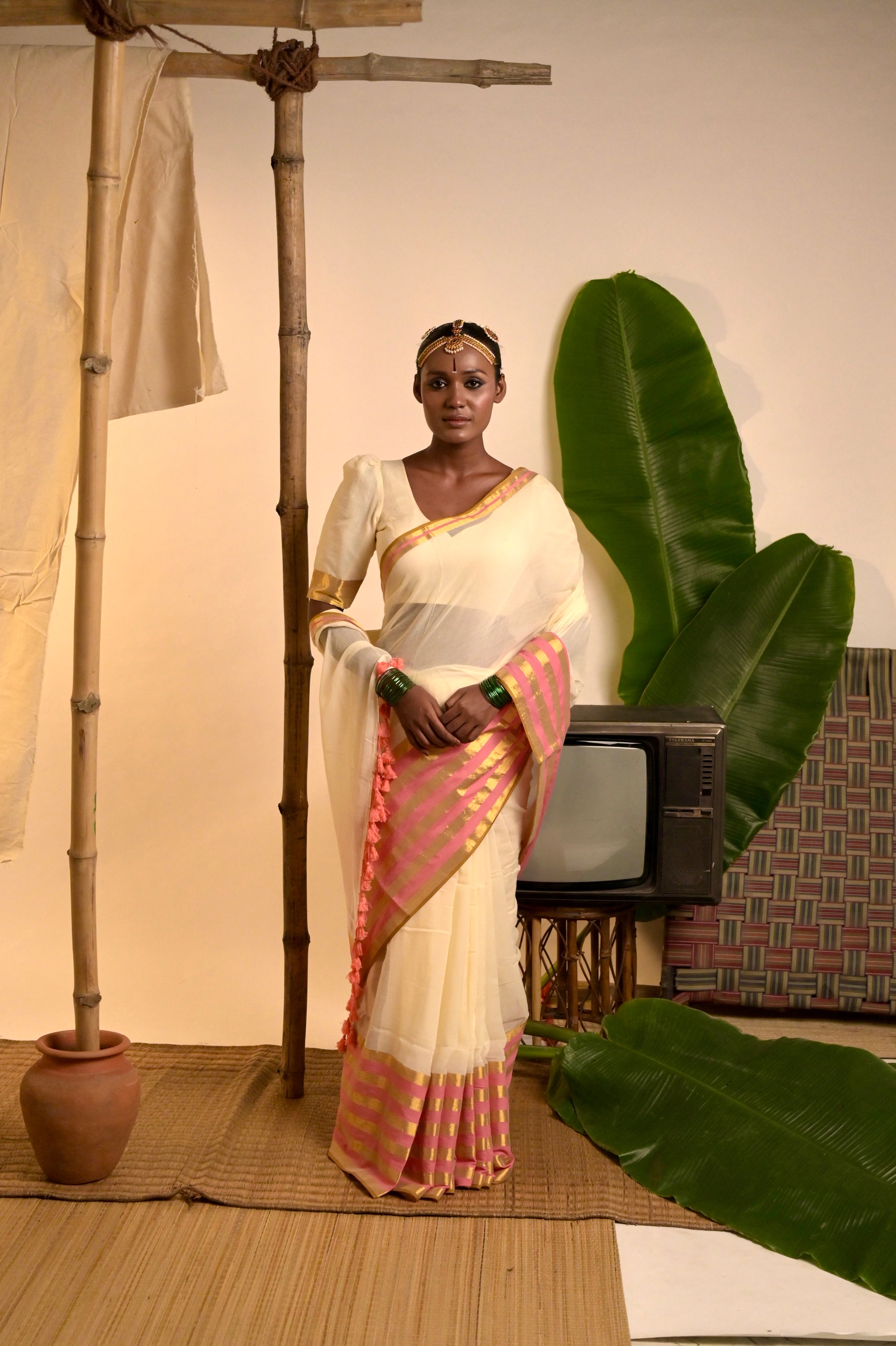 Chandramaya I Cream White Cotton Saree with Pink and Golden Striped Border