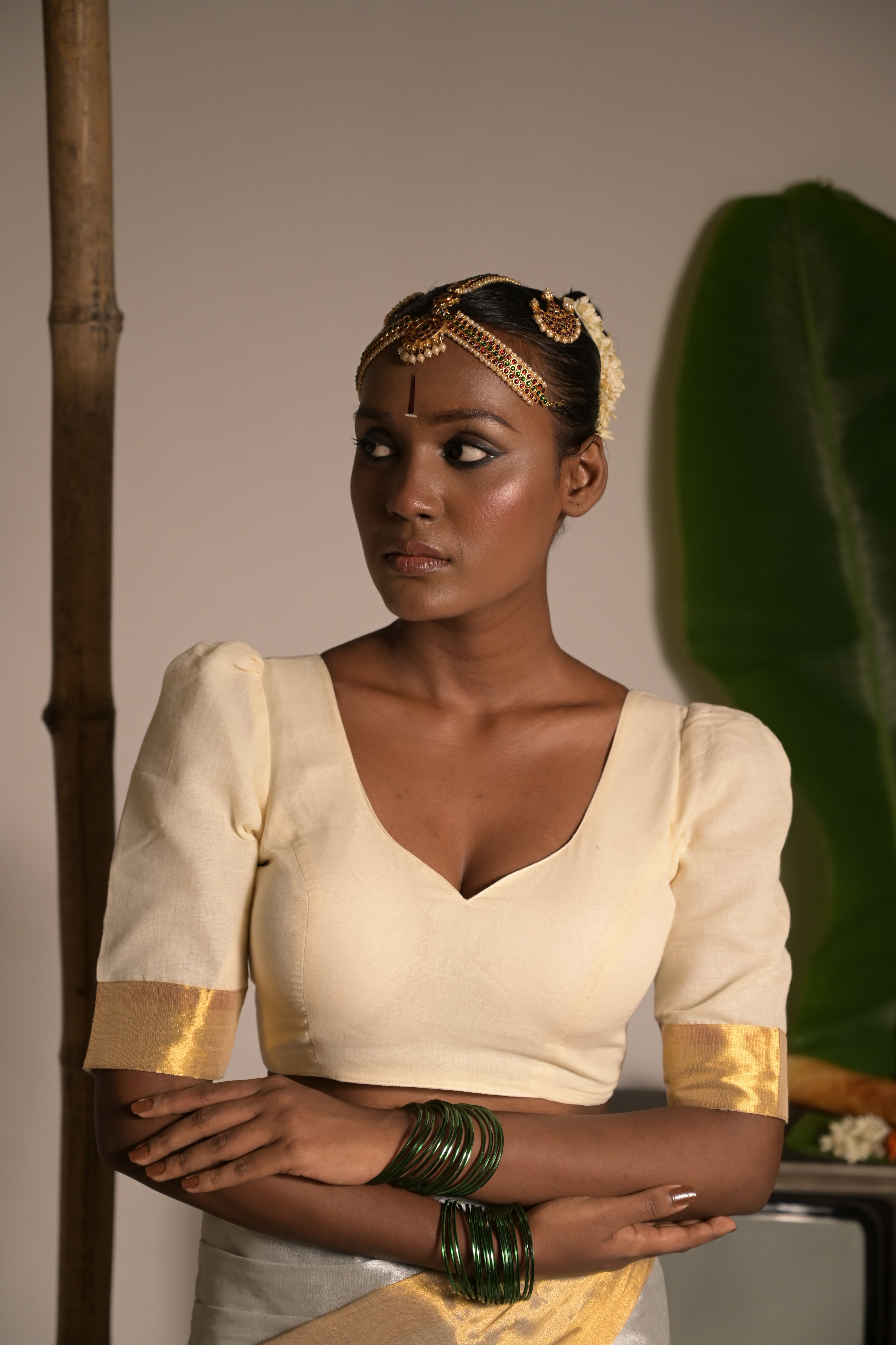 Shubhralekha I Off white cotton blouse with golden border on sleeves