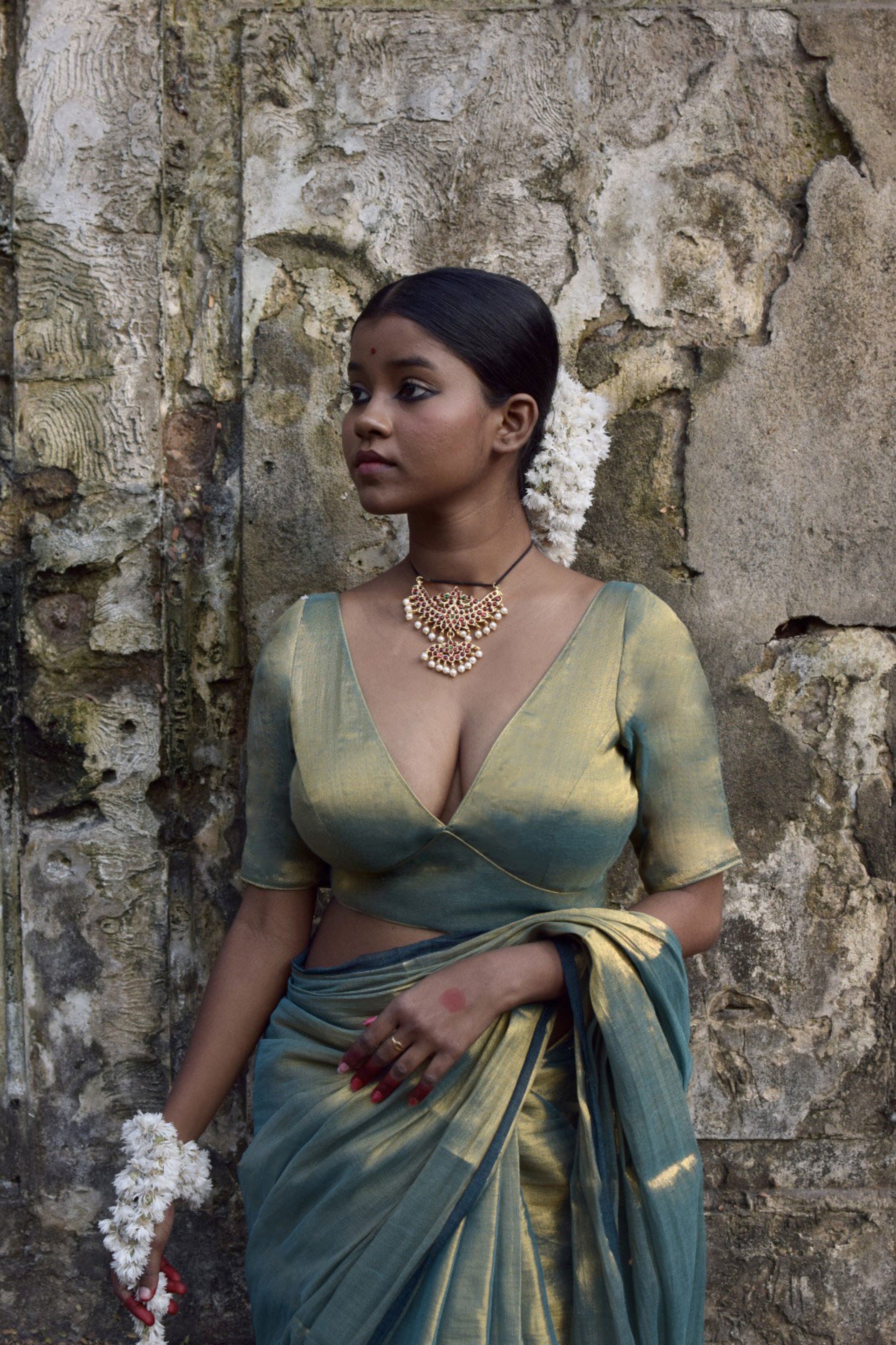 sea-green-handloom-tissue-plunging-neck-blouse