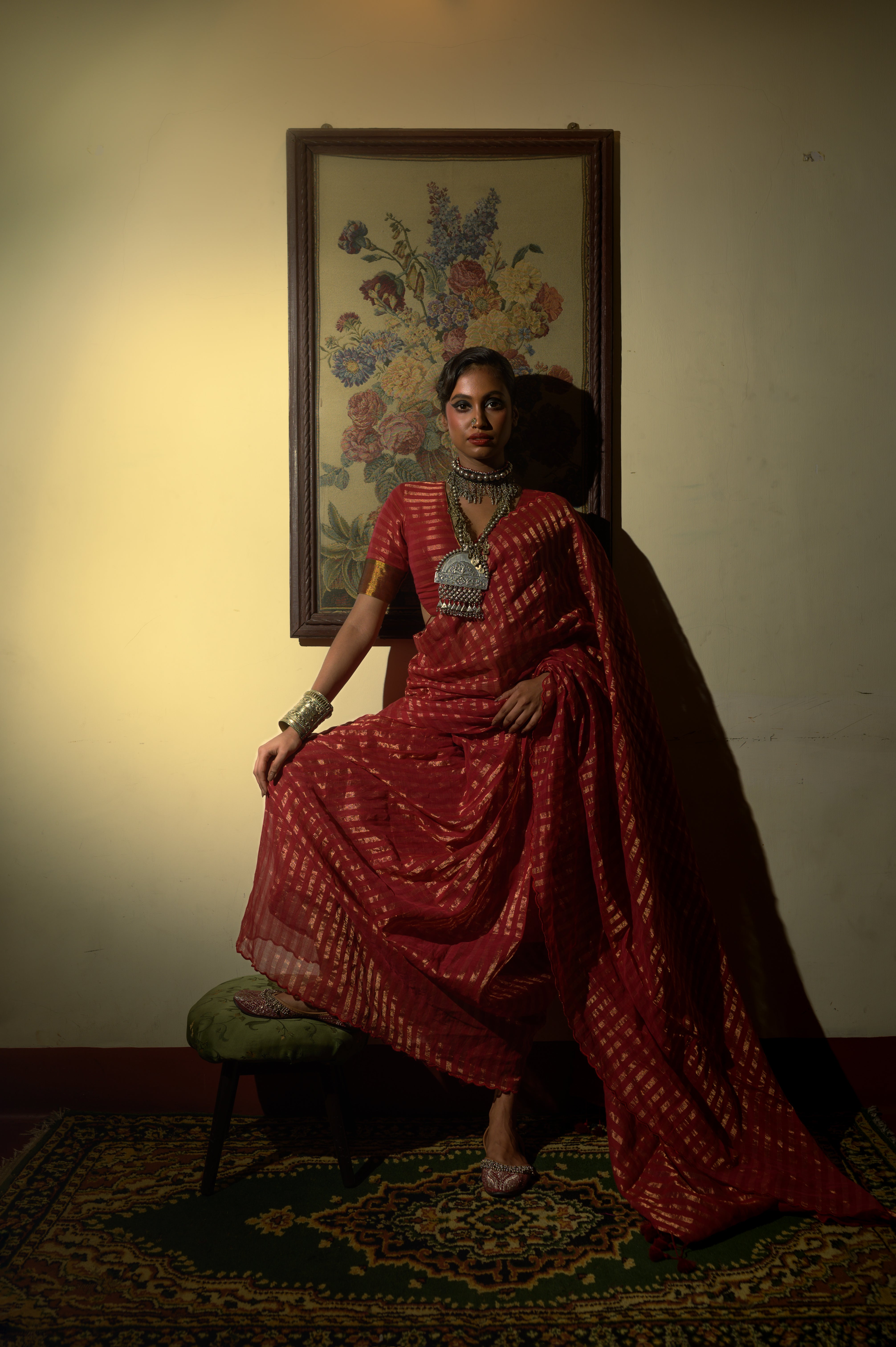 Handwoven Maroon Cotton Saree with Zari Stripes and Ready to Wear Blouse Combo (Femme Fatale & Spell Cast)