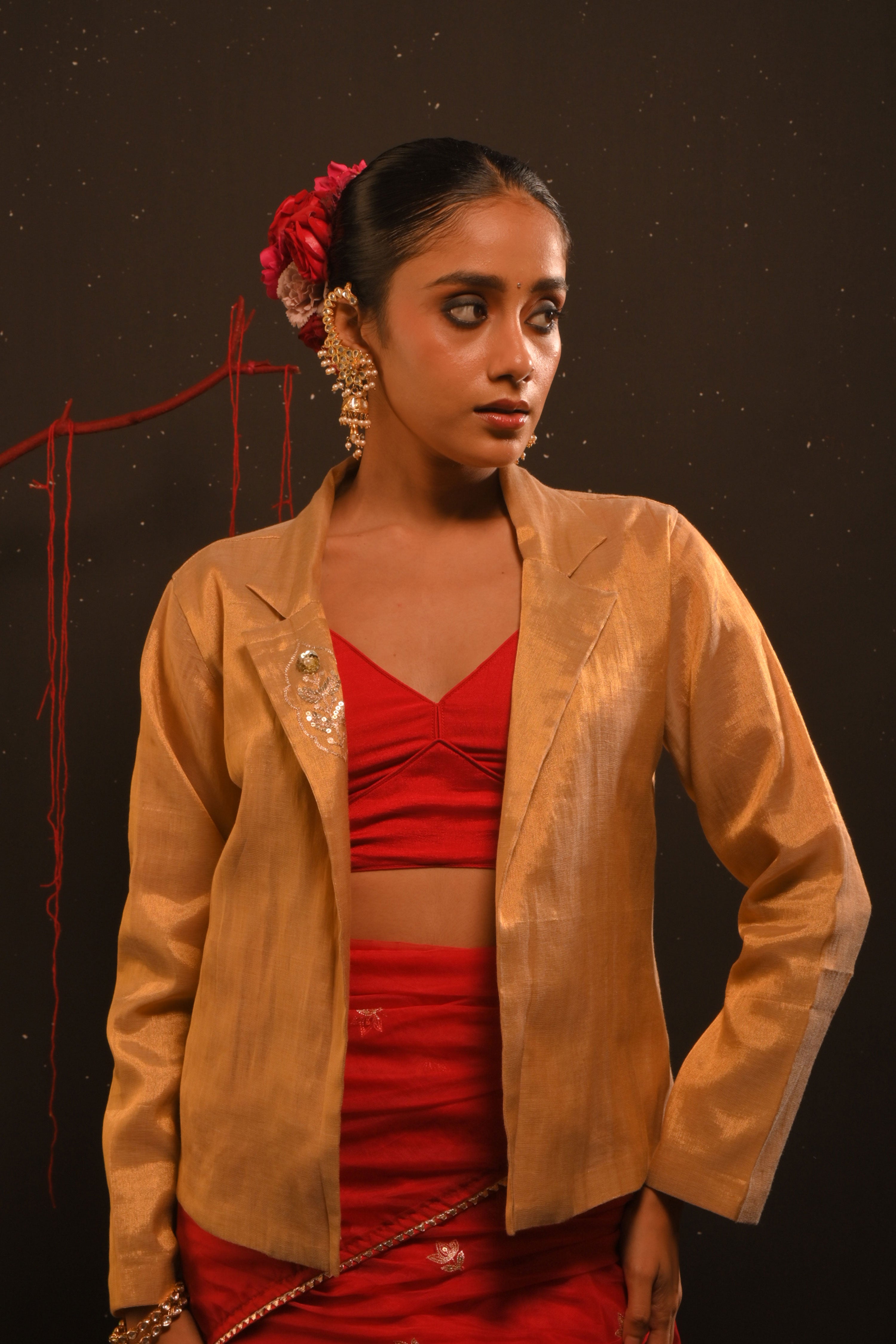 Mahira I Rose Gold Handwoven tissue jacket with hand embroidered motifs on collar