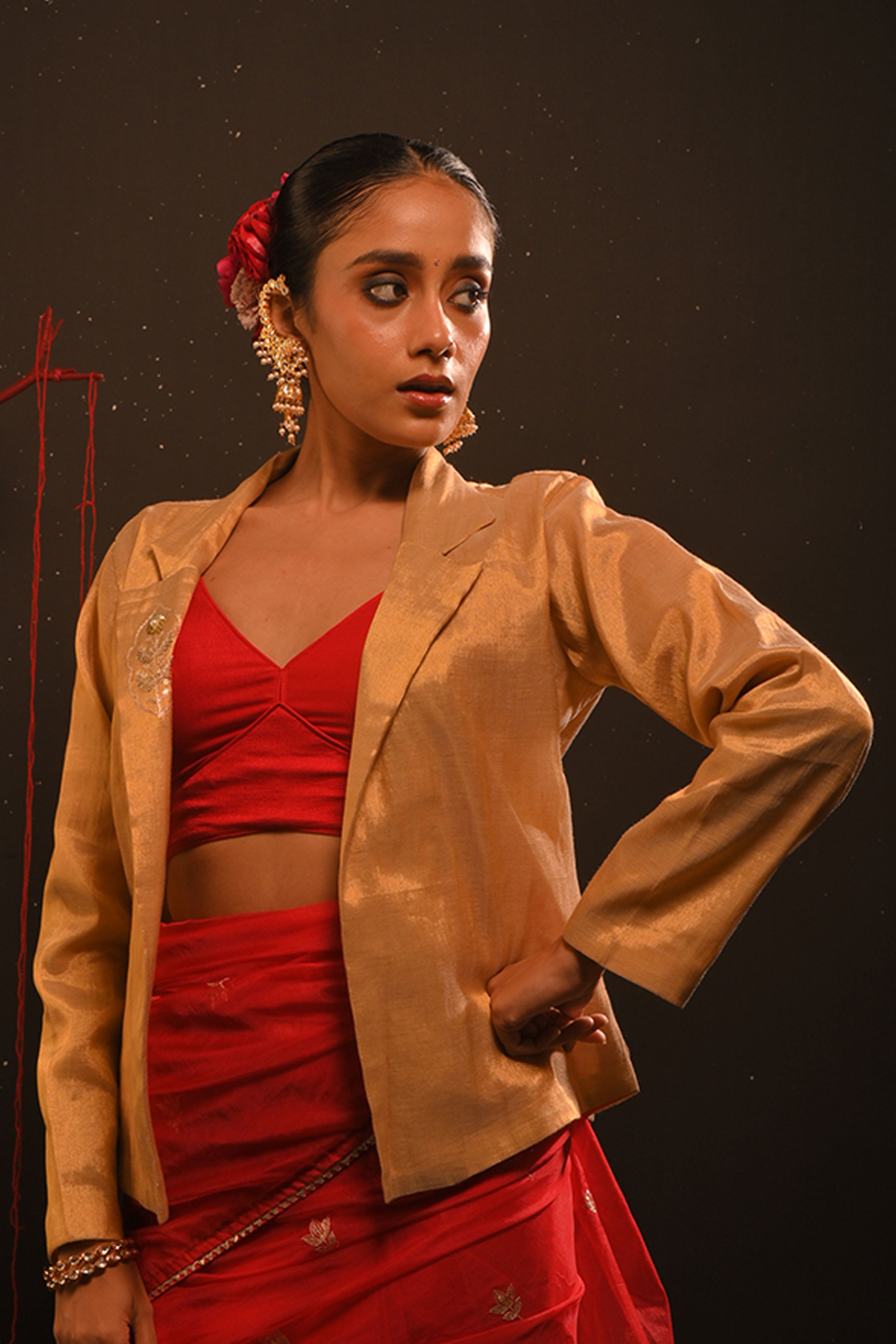 Mahira I Rose Gold Handwoven tissue jacket with hand embroidered motifs on collar