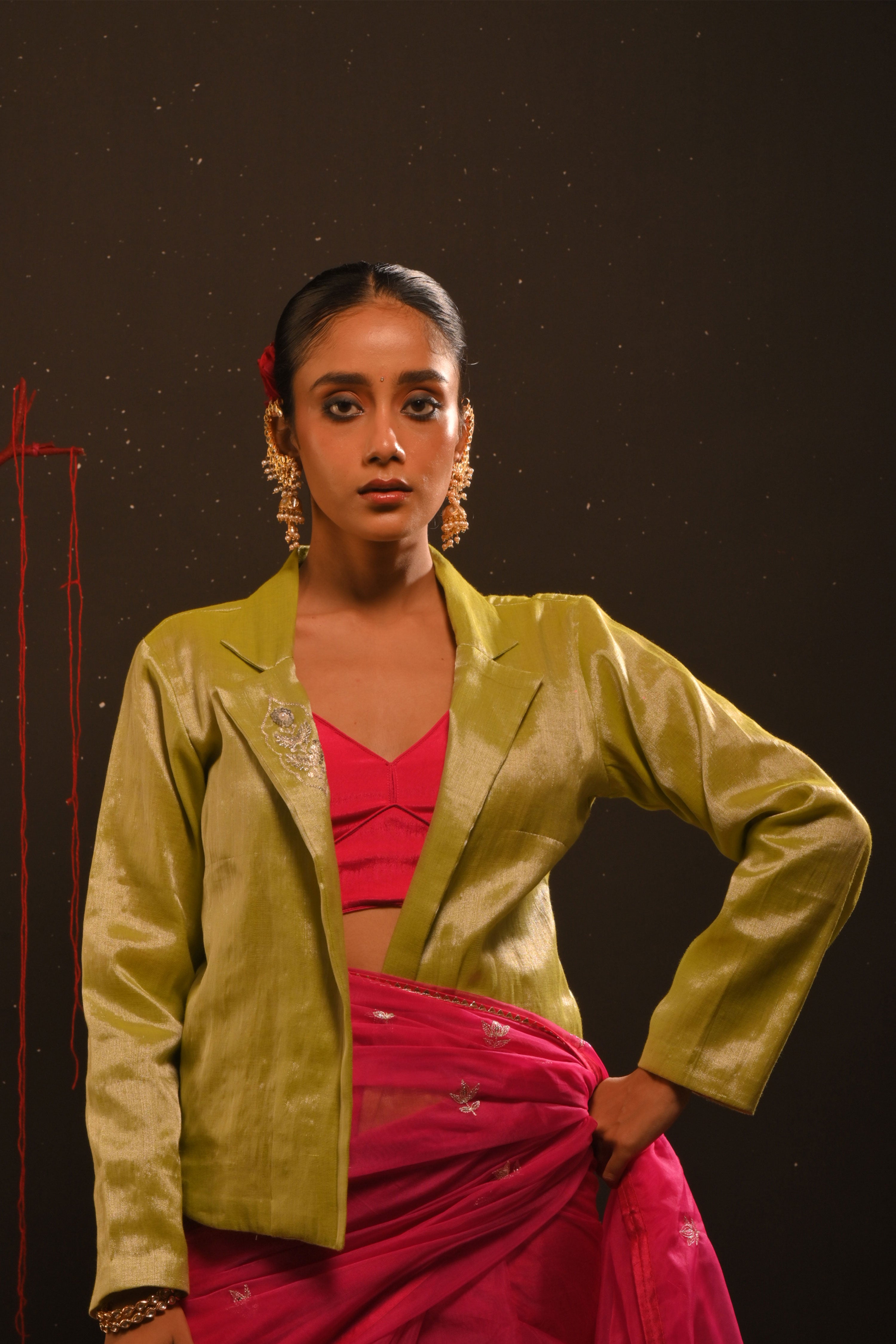 Gulmeher I Neon Green Handwoven tissue jacket with hand embroidered motifs on collar