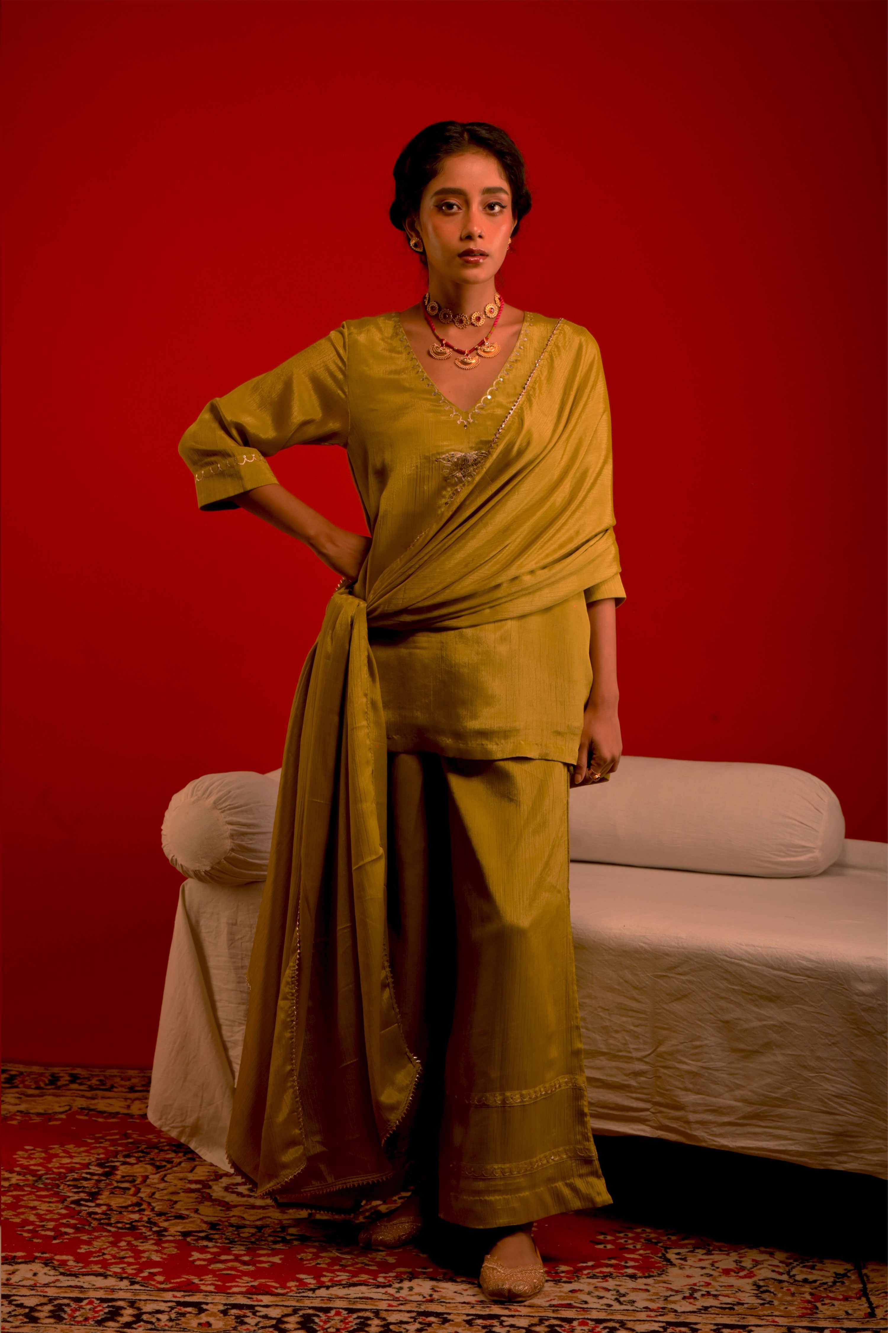 Geet I Lime Green chinon hand embroidered kurta pant set with dupatta