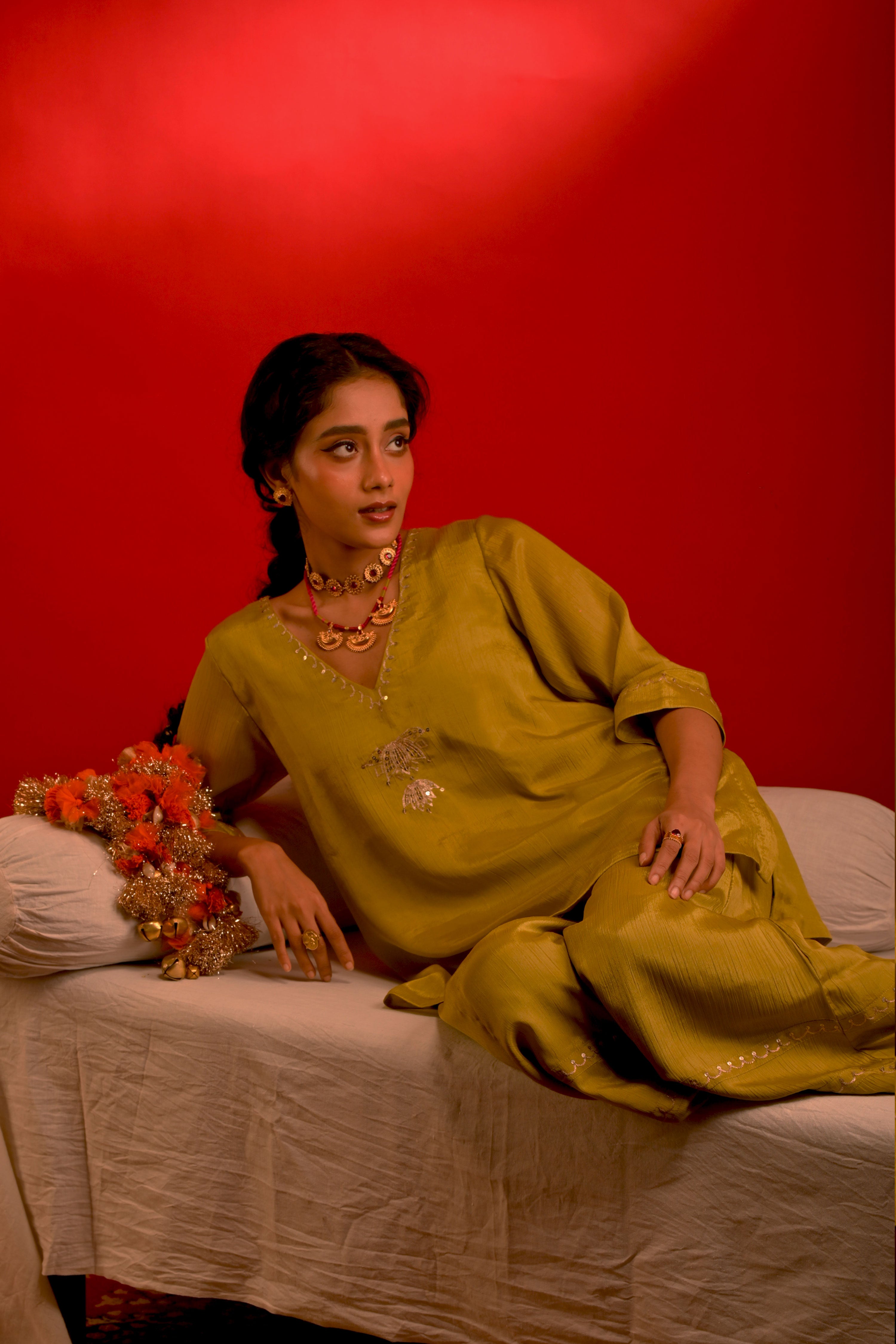 Geet I Lime Green chinon hand embroidered kurta pant set with dupatta