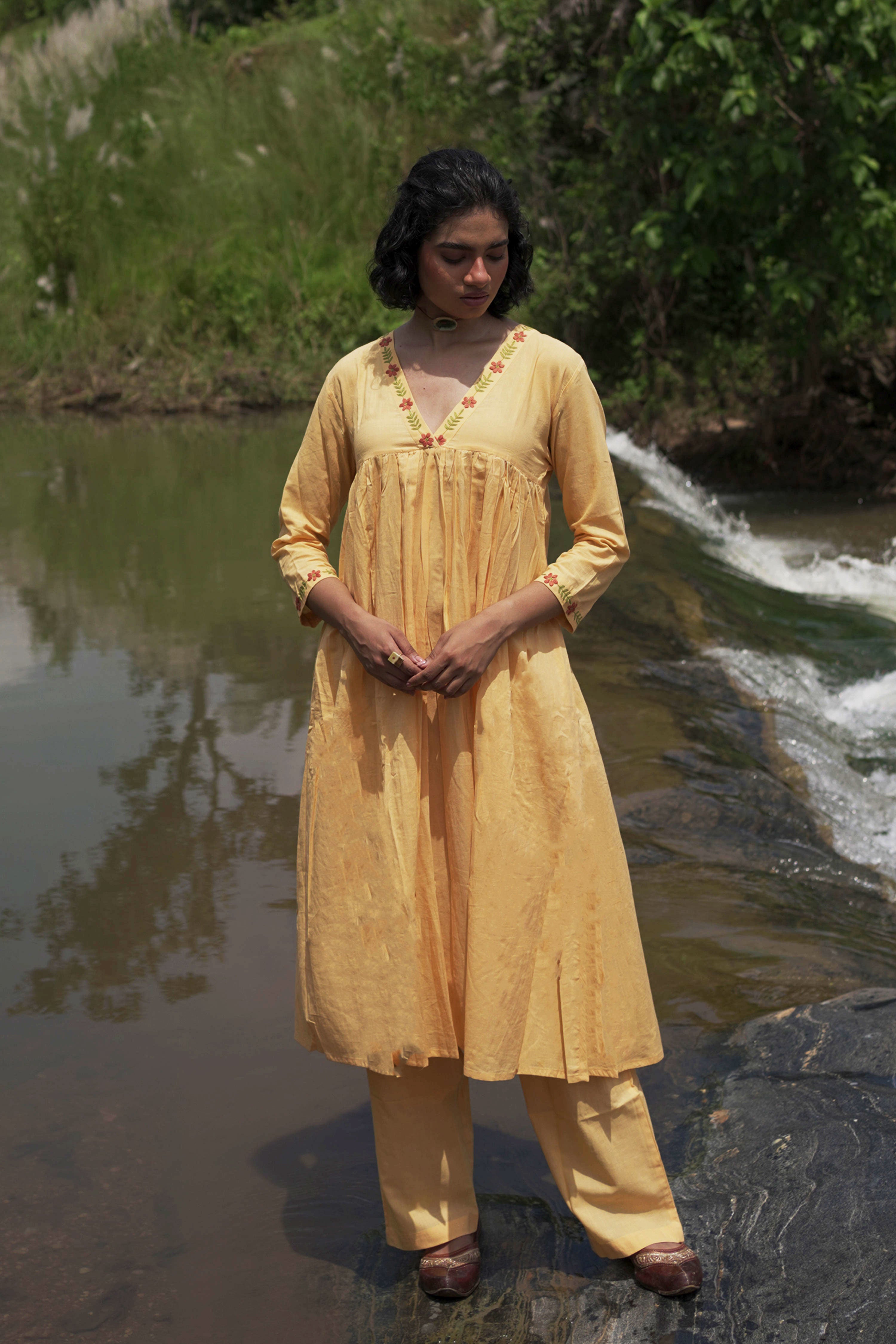 Hiya I Yellow Cotton Hand embroidered Kurta-pant set