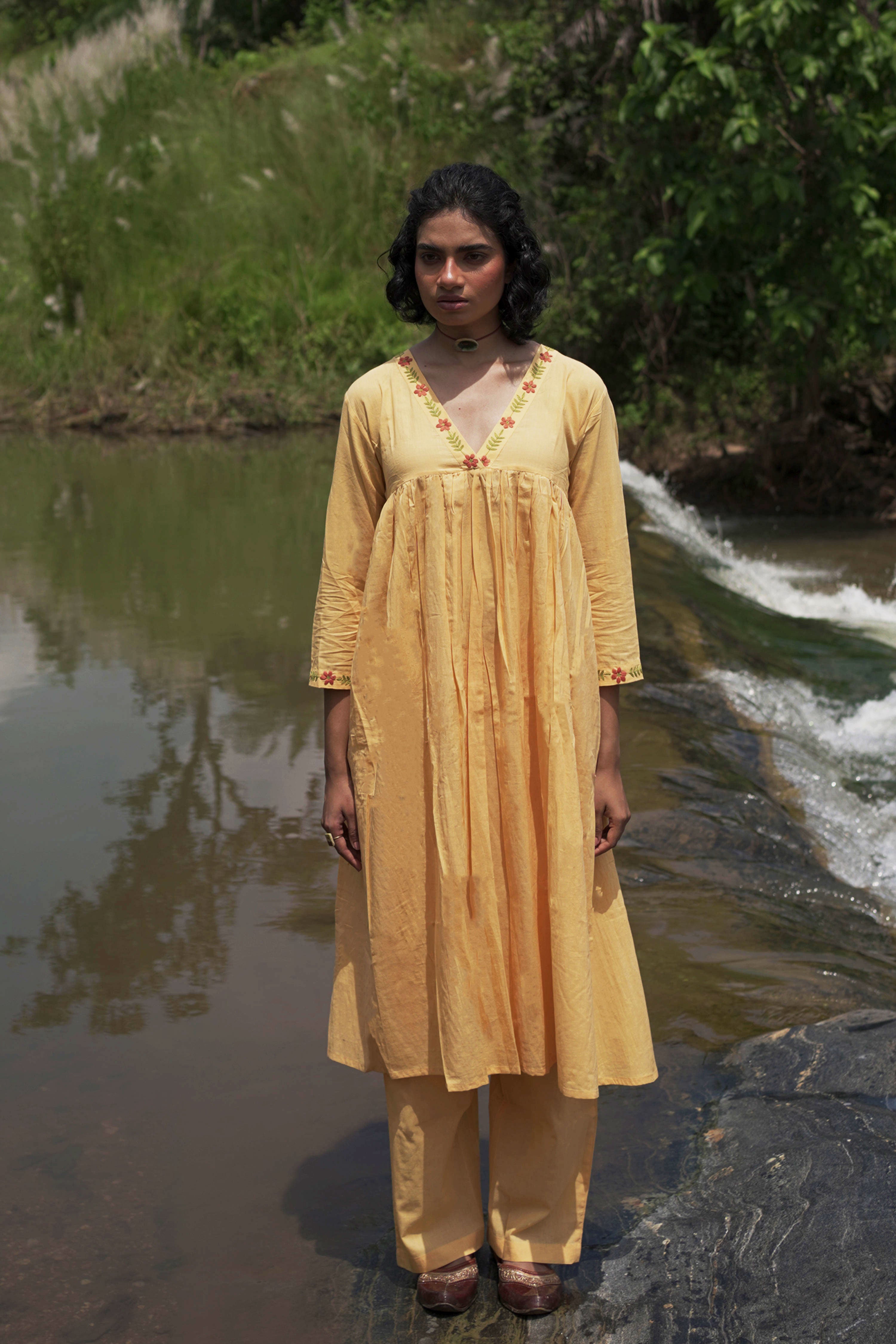 Hiya I Yellow Cotton Hand embroidered Kurta-pant set