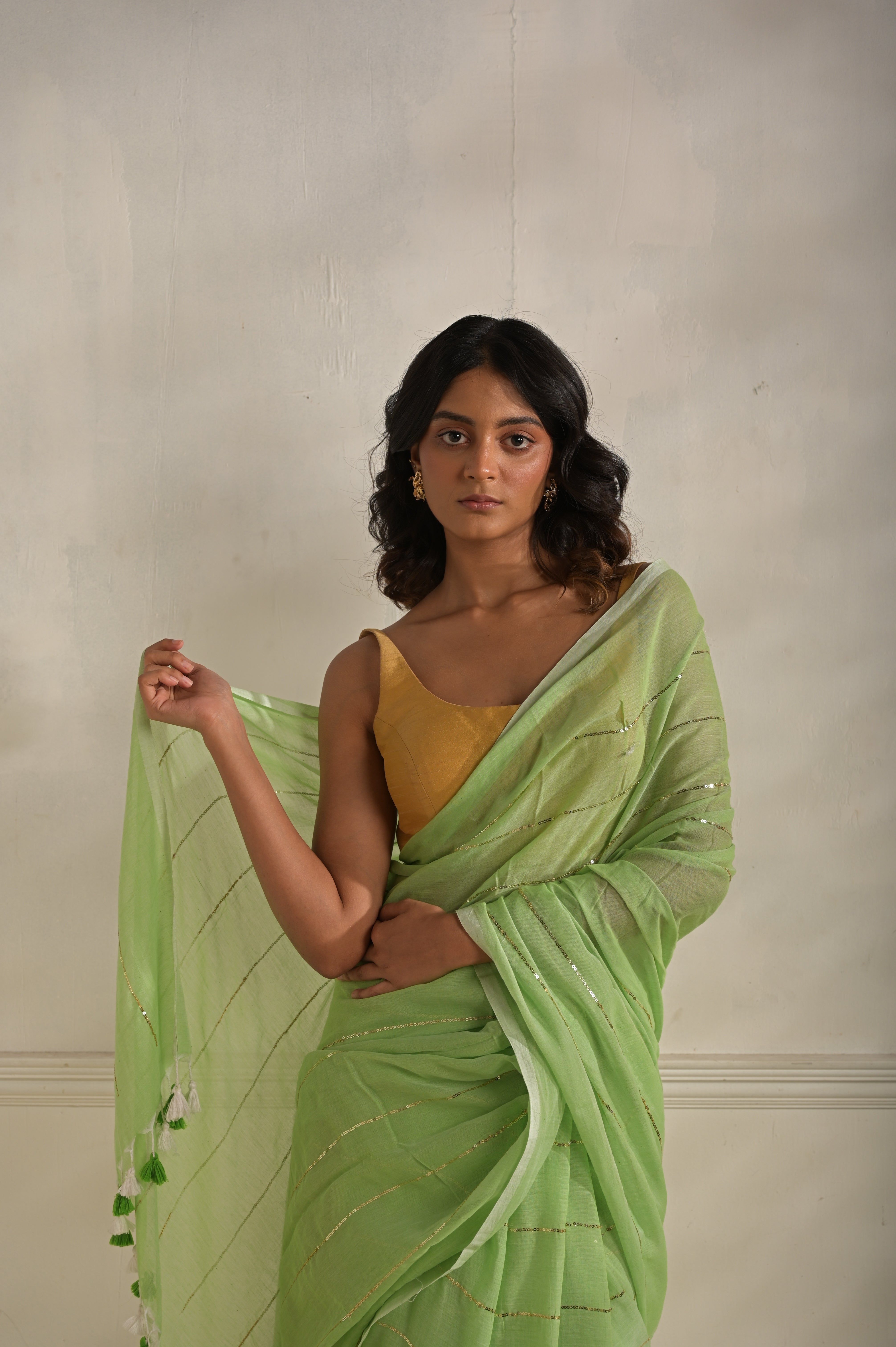 Miraya I Mint Green Handloom Mul Cotton saree with sequined lines