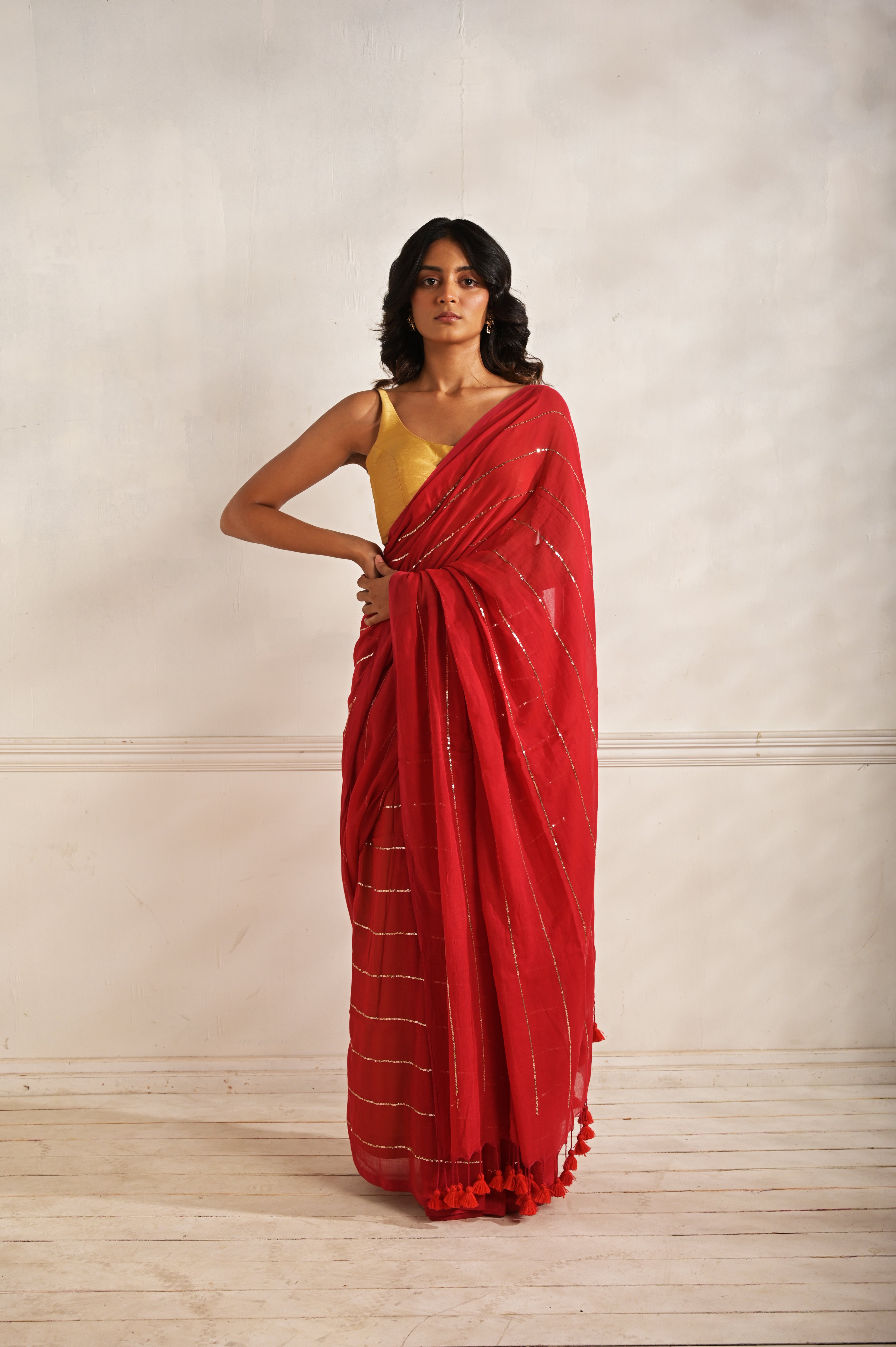 Dilruba I Red handloom mul cotton saree with sequined lines