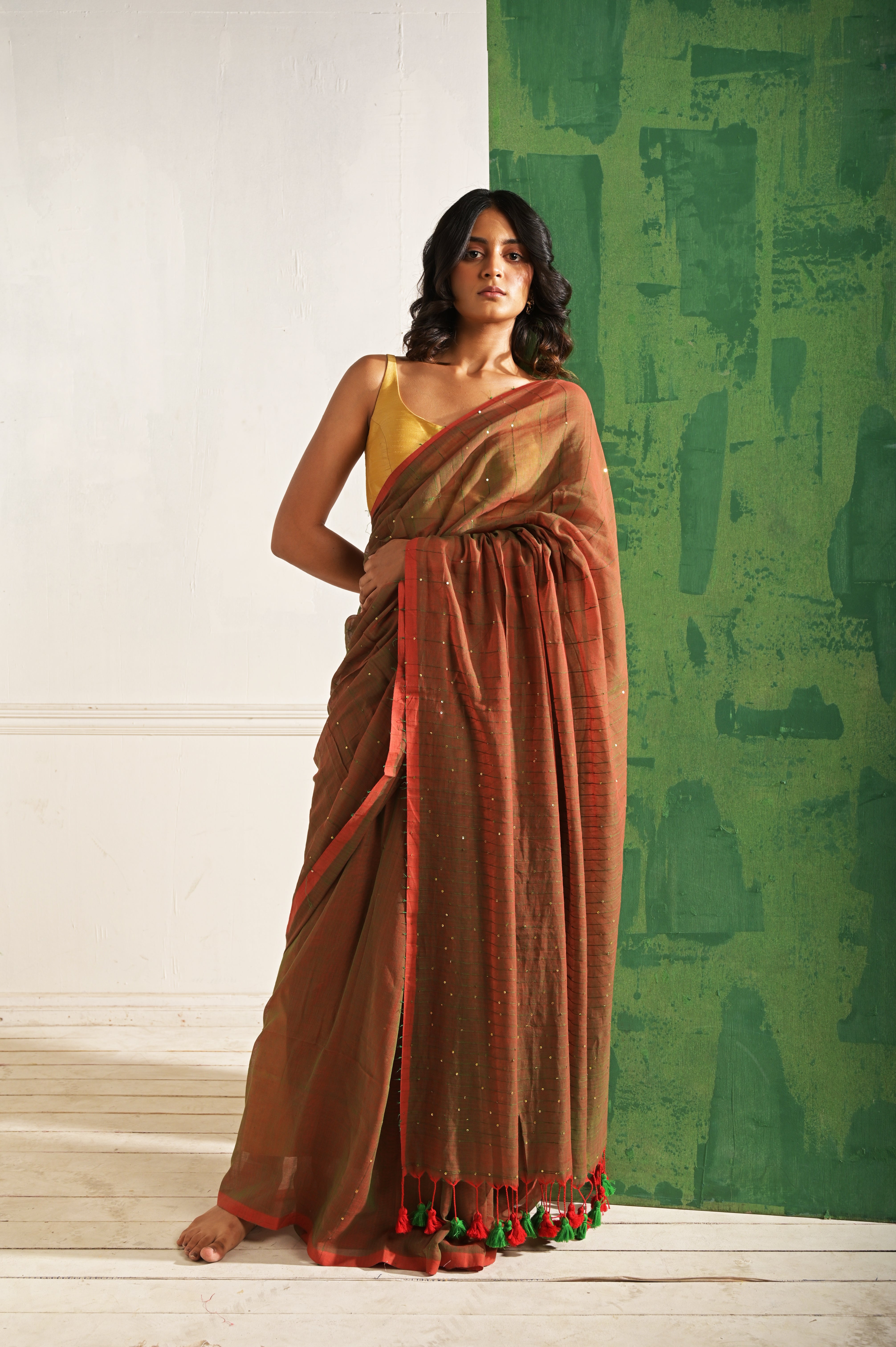 Saundhi Maati I Brown mul cotton saree with beaded sequins