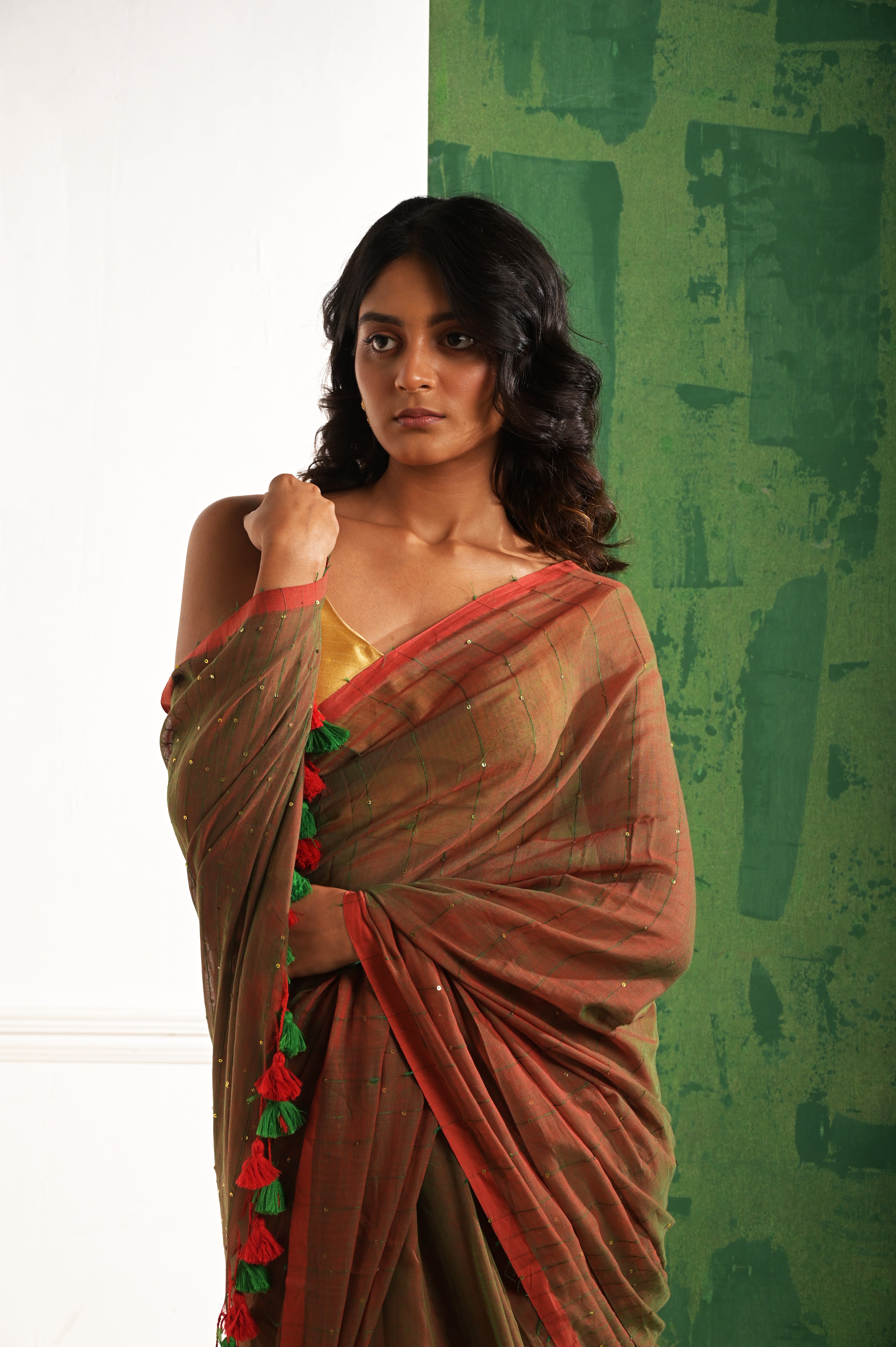 Saundhi Maati I Brown mul cotton saree with beaded sequins