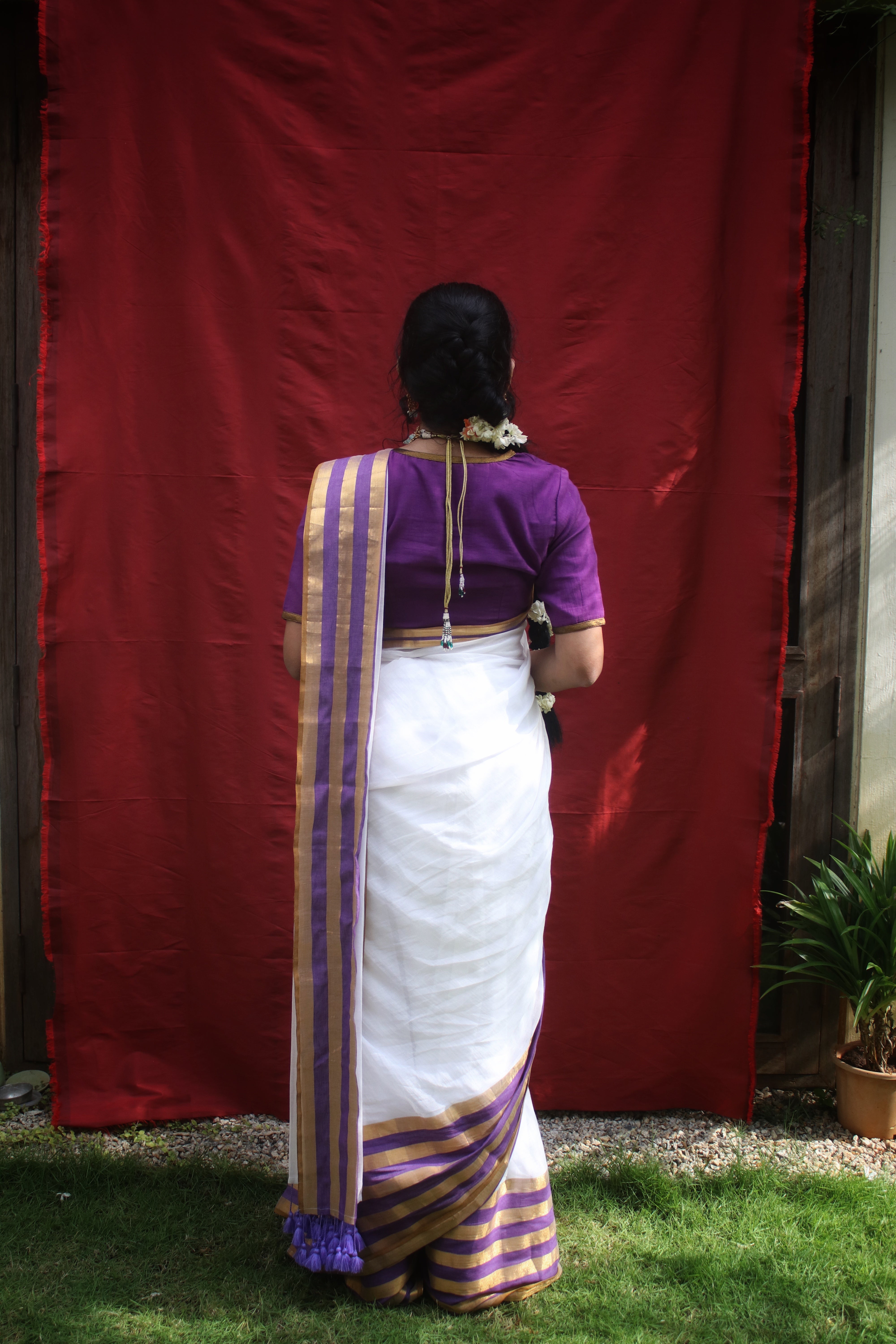Handwoven White Cotton Saree with Striped Border along with Ready to Wear Purple Blouse Combo (Nirmaya & Varnika)