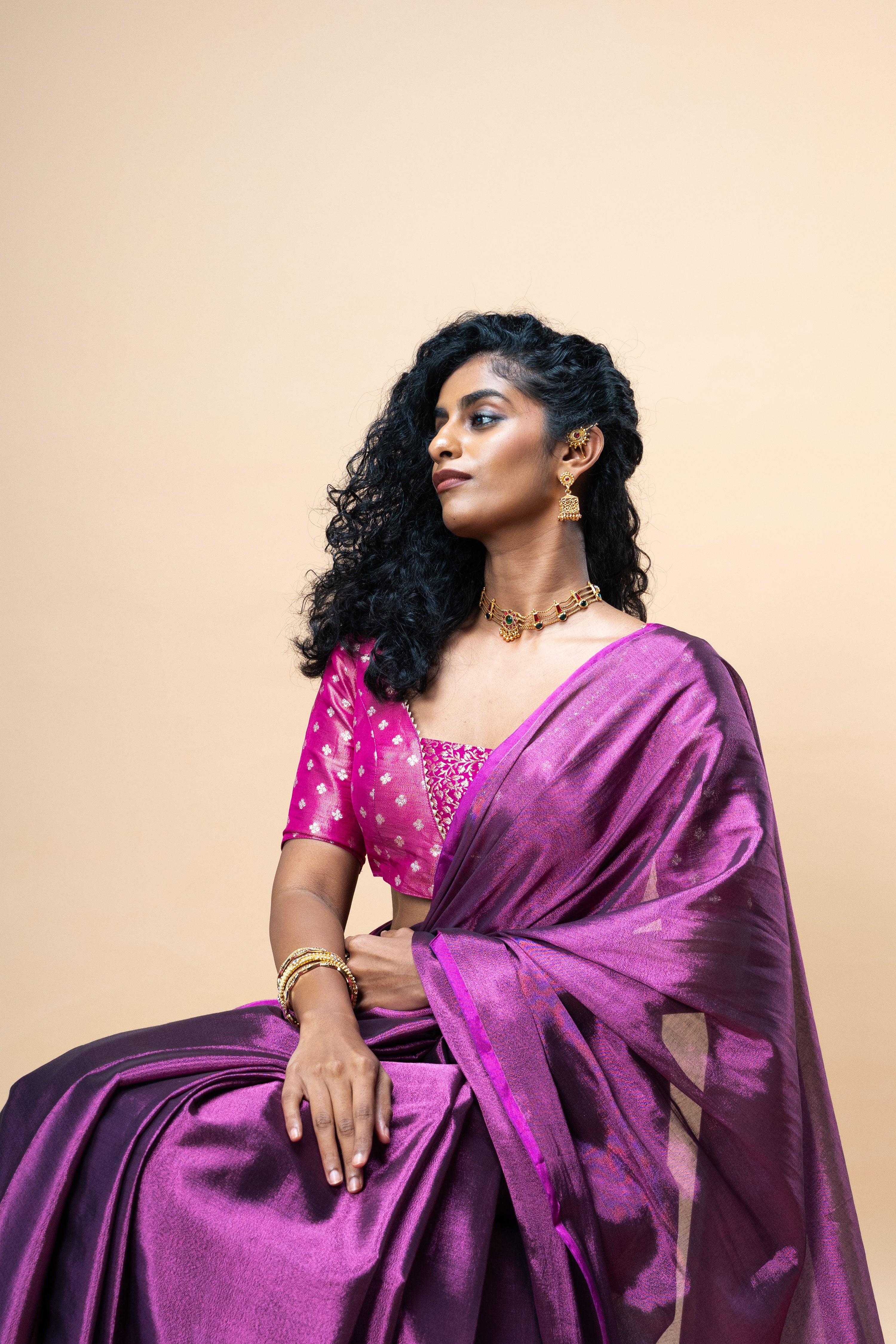 Jyotsna I Purple brocade silk blouse with glass neck