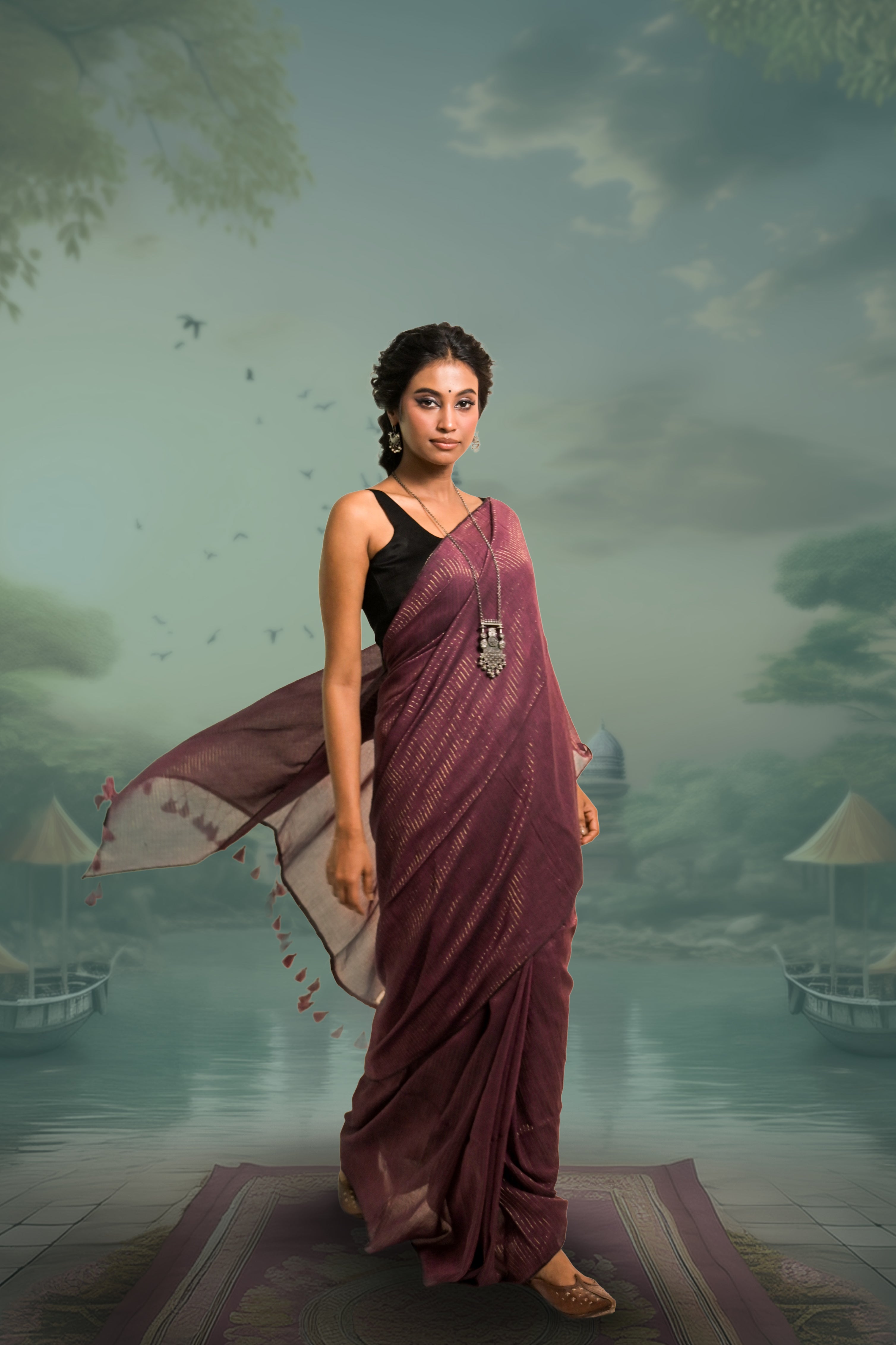 Burgundy Handloom Mul Cotton Zari Striped Saree With Black Silk Sleeveless Blouse Combo(Kanchan+Galaxy)