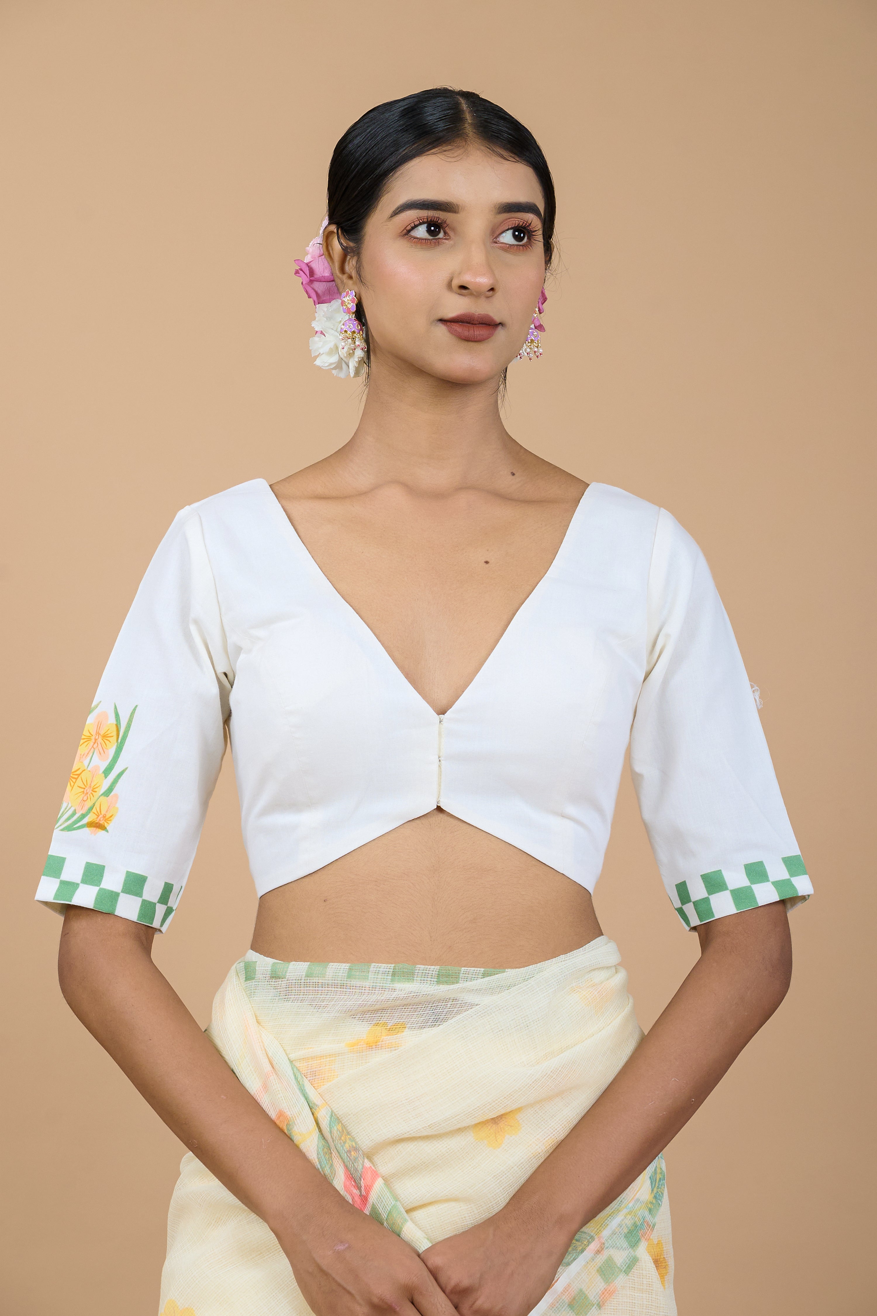 Bela I White Handloom Cotton Floral Printed Designer Blouse