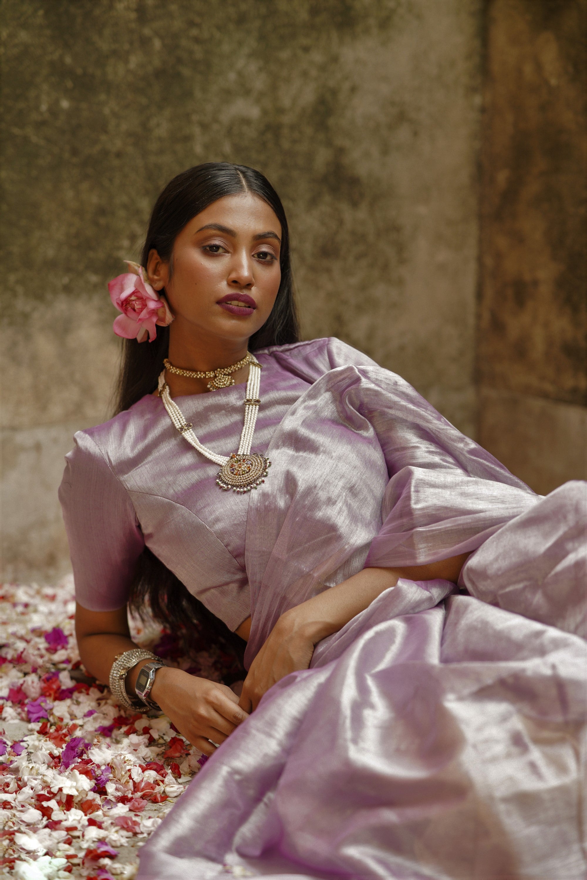 Handwoven Pastel Purple Tissue Saree with Ready to Wear Pastel Purple Blouse Combo (Lilac lily & Lilac love)