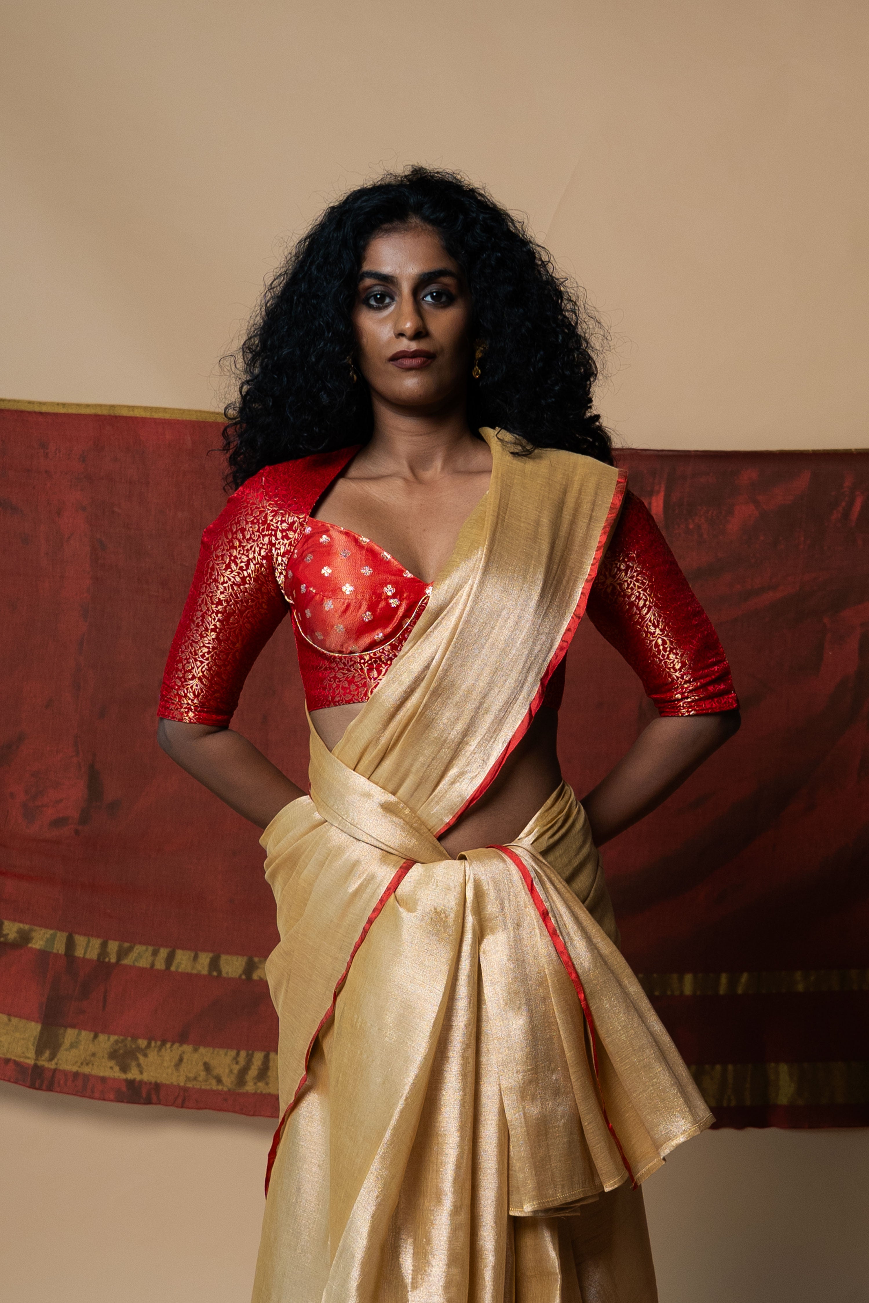 MRIGANI I Red brocade silk blouse with sweetheart neck