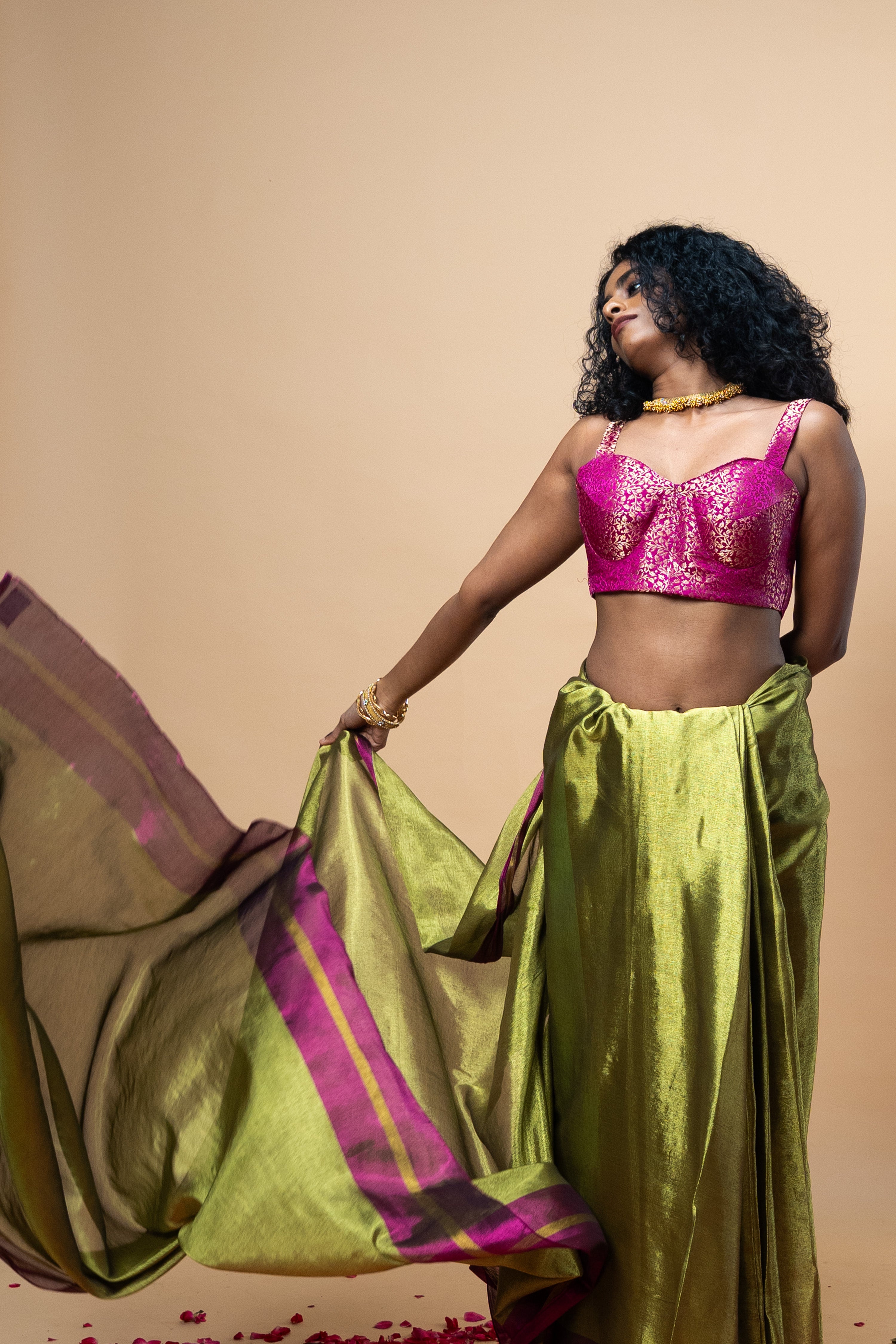 Mudra I Pink Brocade silk corset blouse with sweetheart neckline