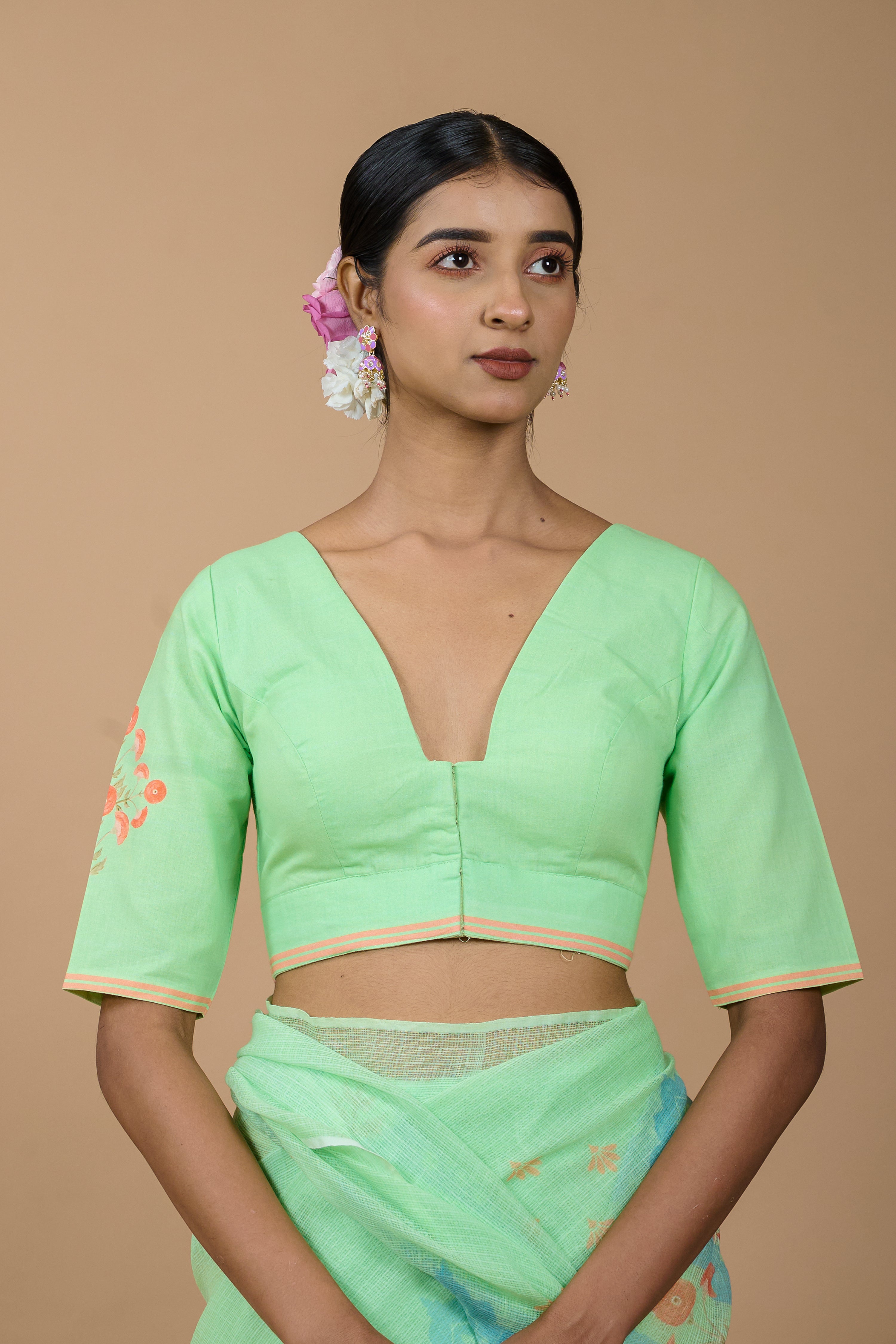 Mukul I Green Handloom Cotton Floral Printed Designer Blouse