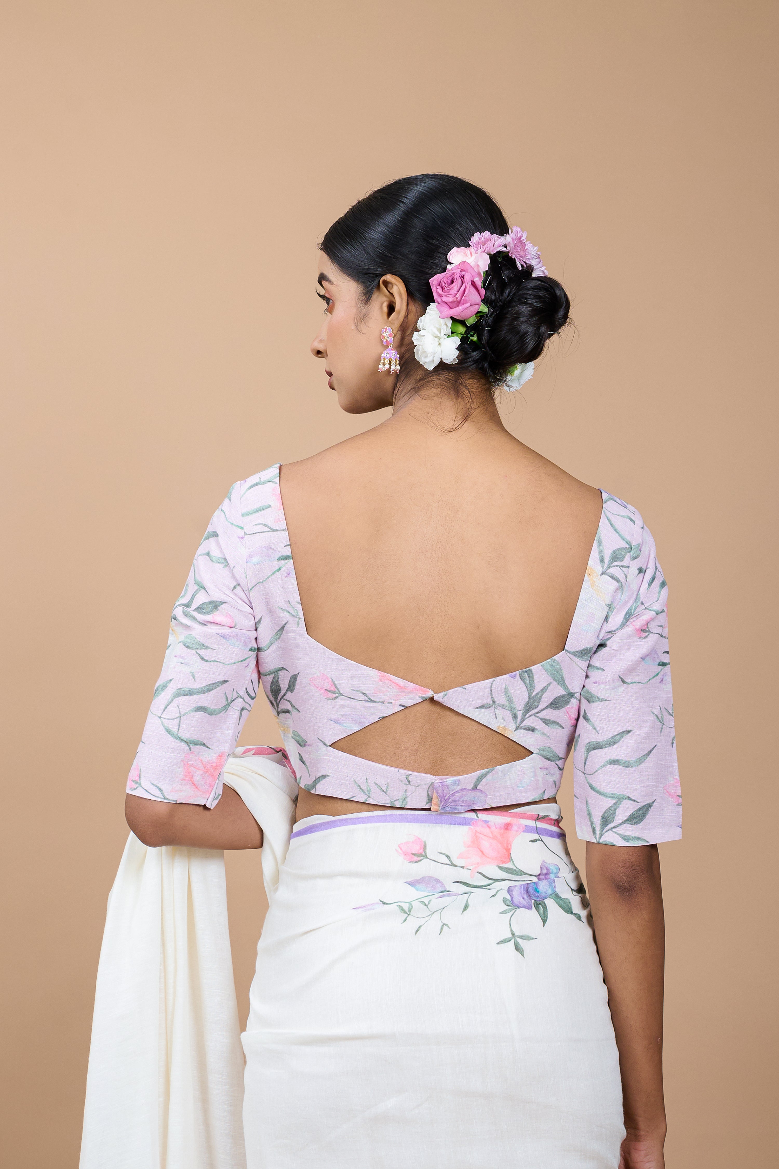 Palash I Light Pink Handloom Linen Floral Printed Designer Blouse