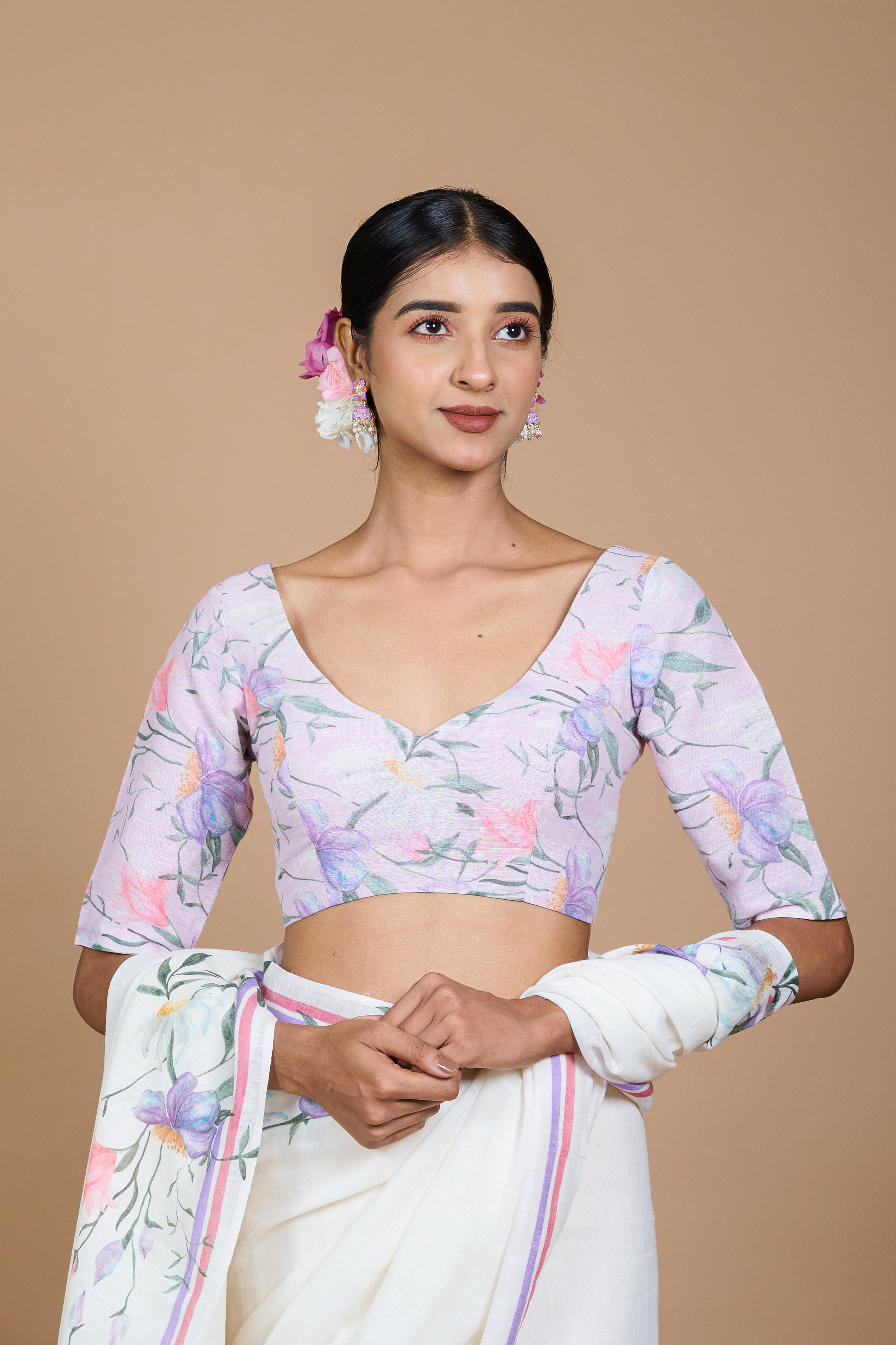 Palash I Light Pink Handloom Linen Floral Printed Designer Blouse