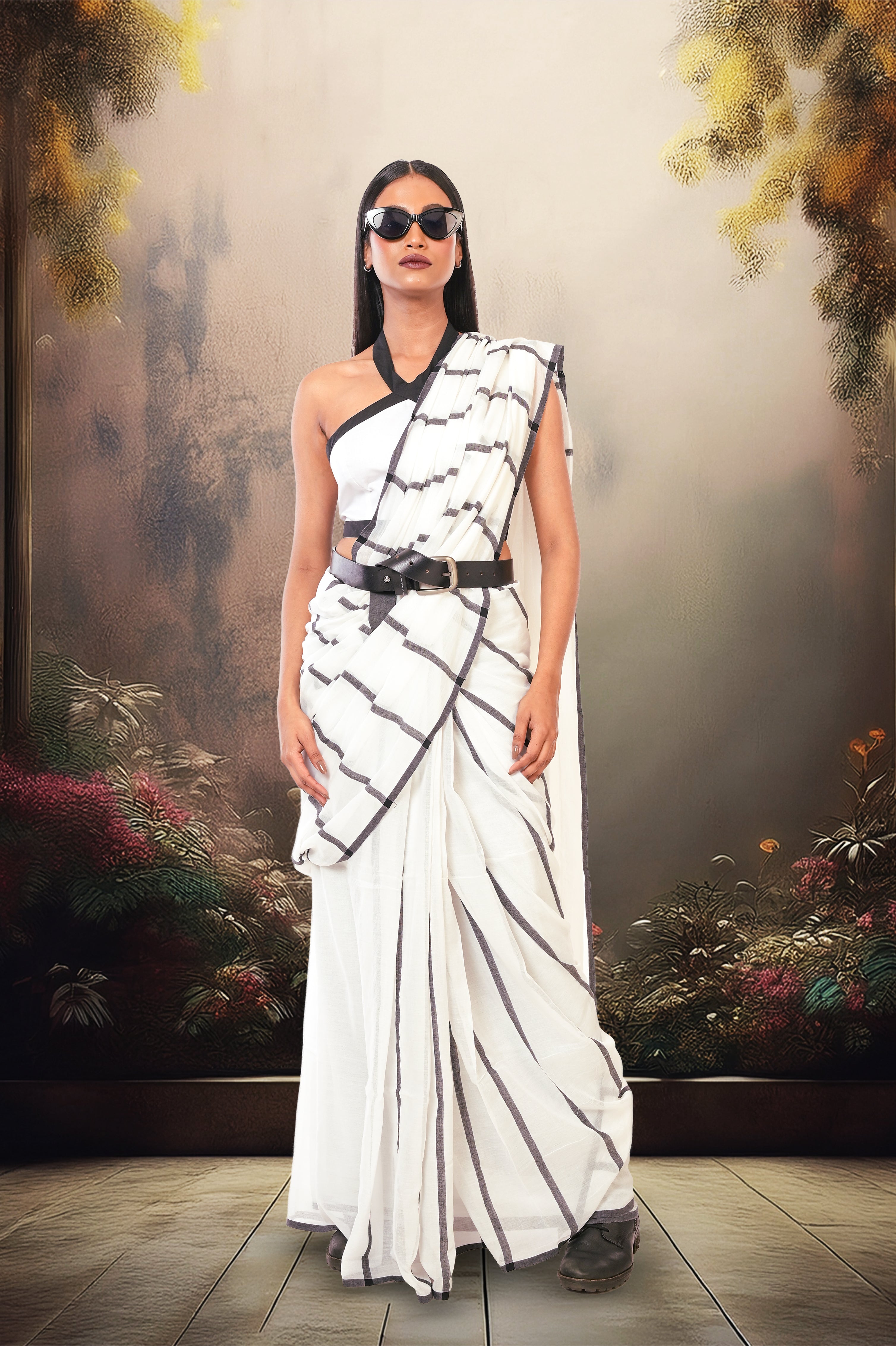 Monochrome Magic I White Handloom Cotton Saree with Black Stripes