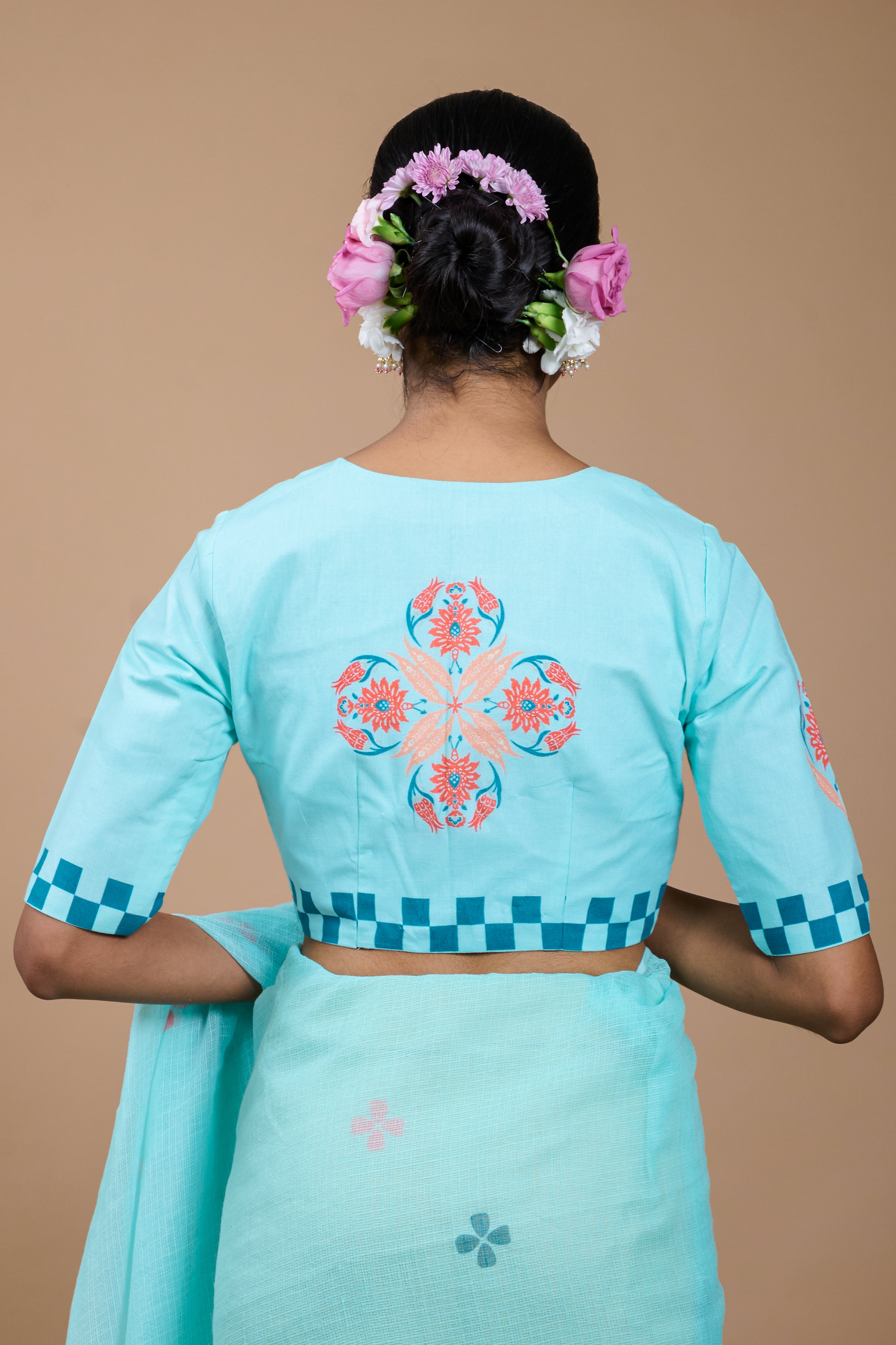 Puspita I Light Blue Handloom Cotton Floral Printed Designer Blouse