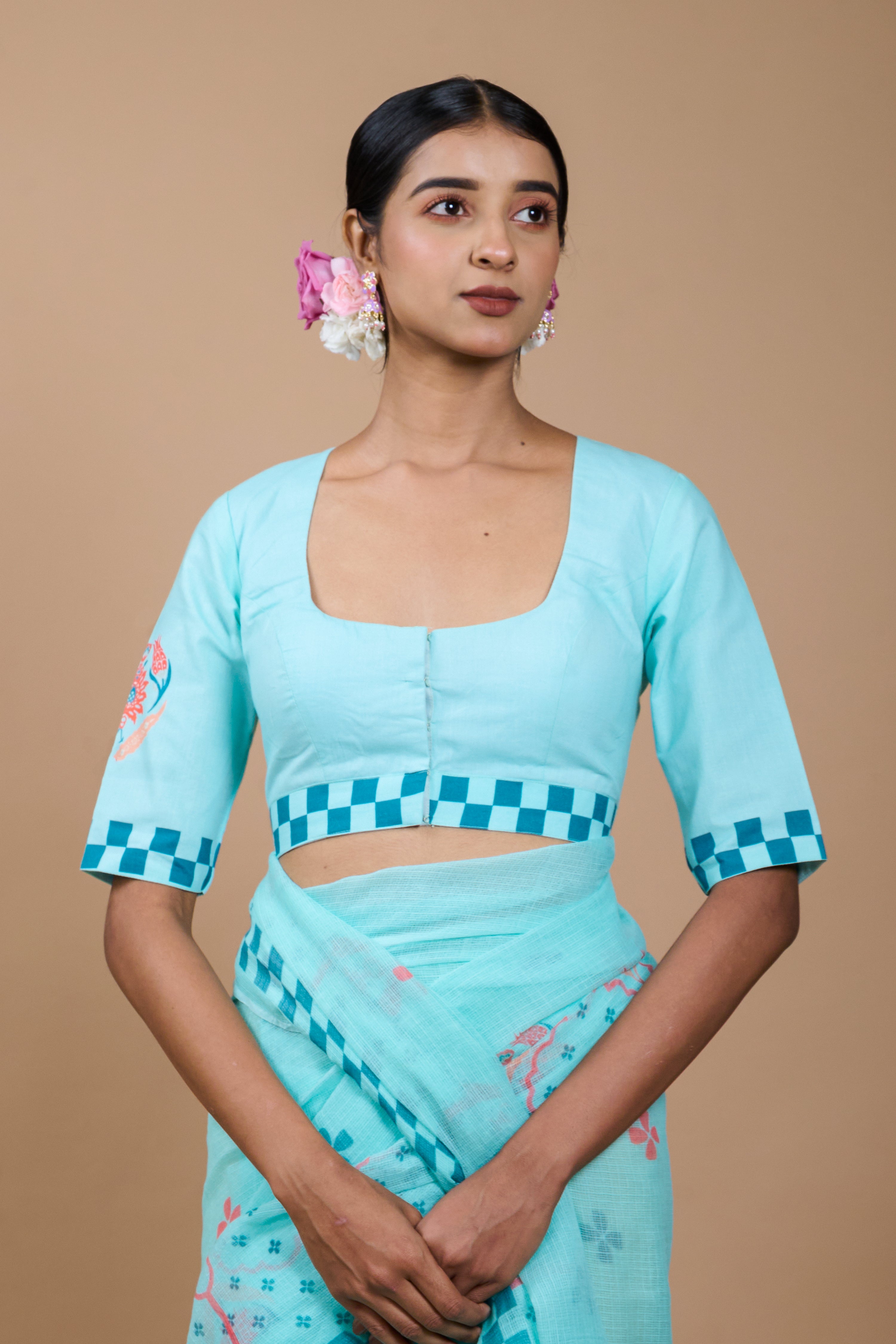 Puspita I Light Blue Handloom Cotton Floral Printed Designer Blouse