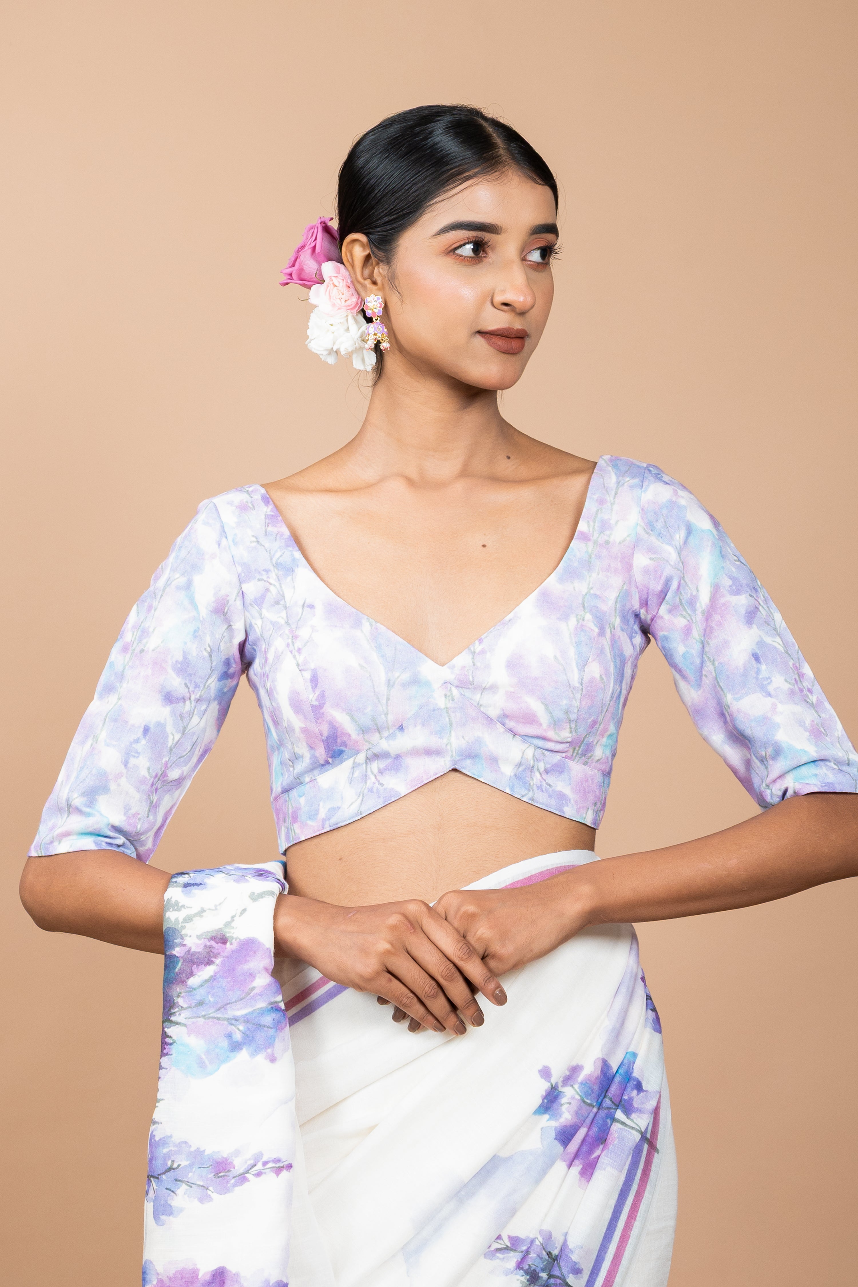 Juhi I Lavender Handloom Linen Floral Printed Designer Blouse