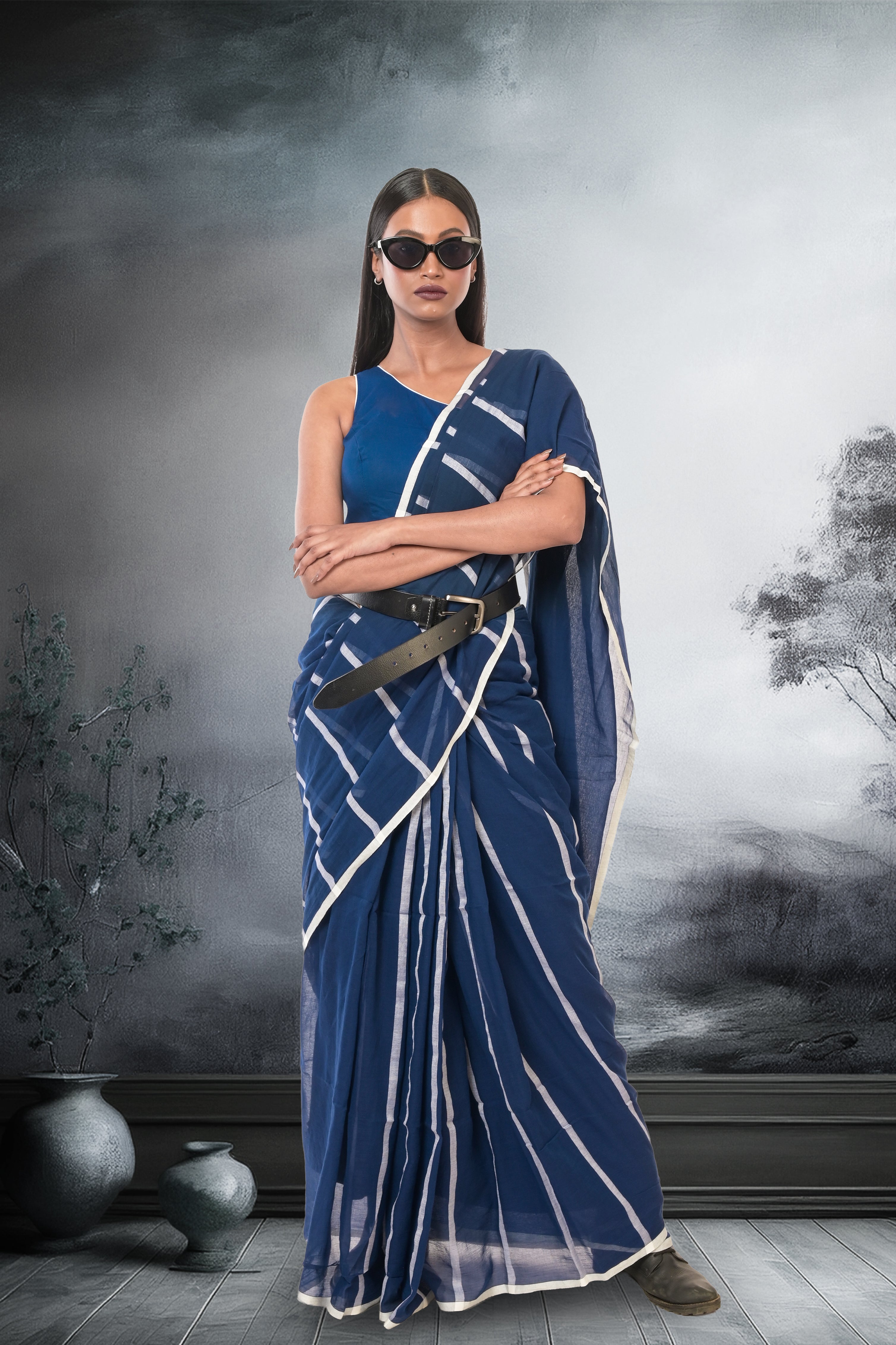 blue-cotton-saree-with-white-stripes-casual-wear-saree