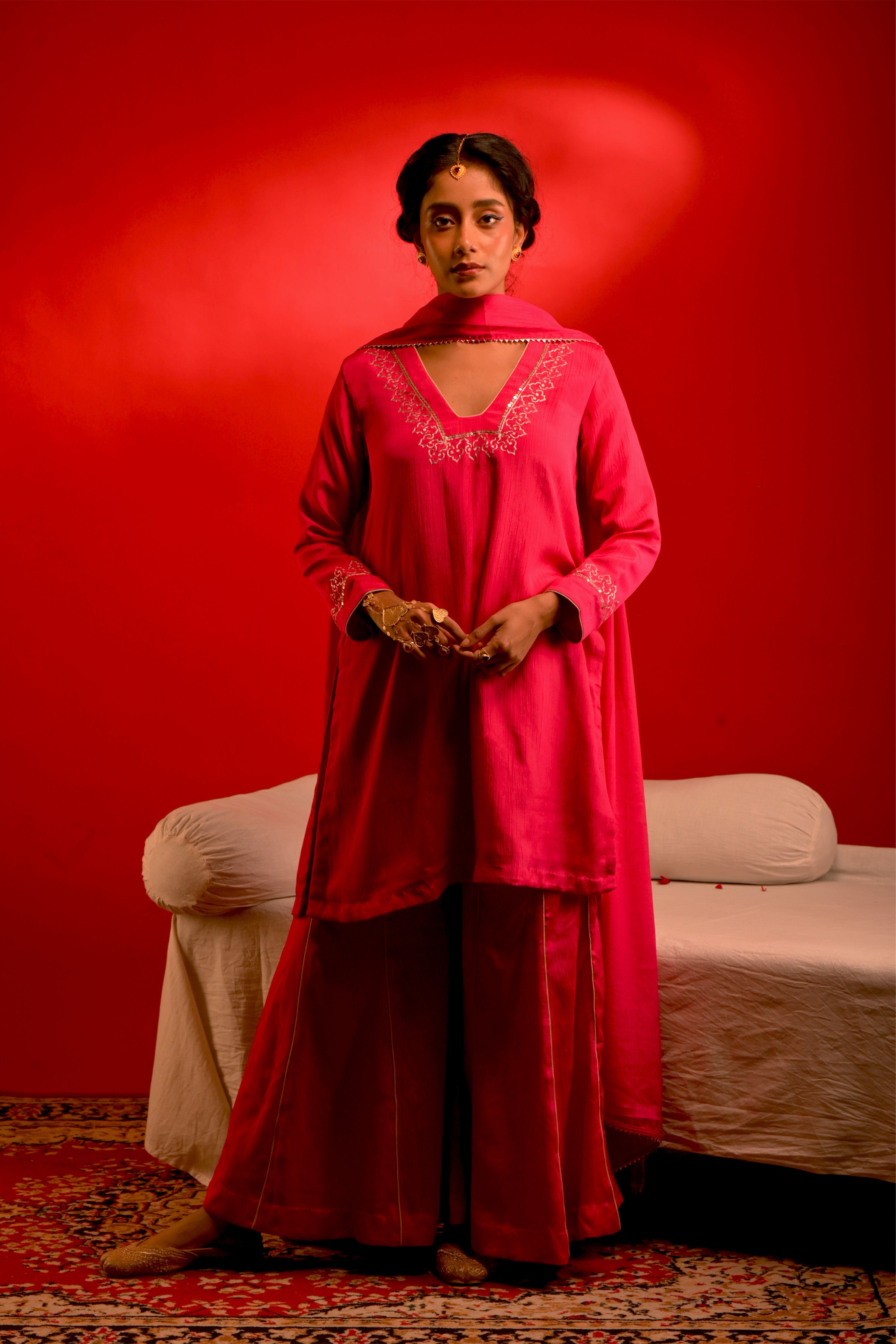 Saaz I Hot Pink chinon hand embroidered kurta pant set with dupatta