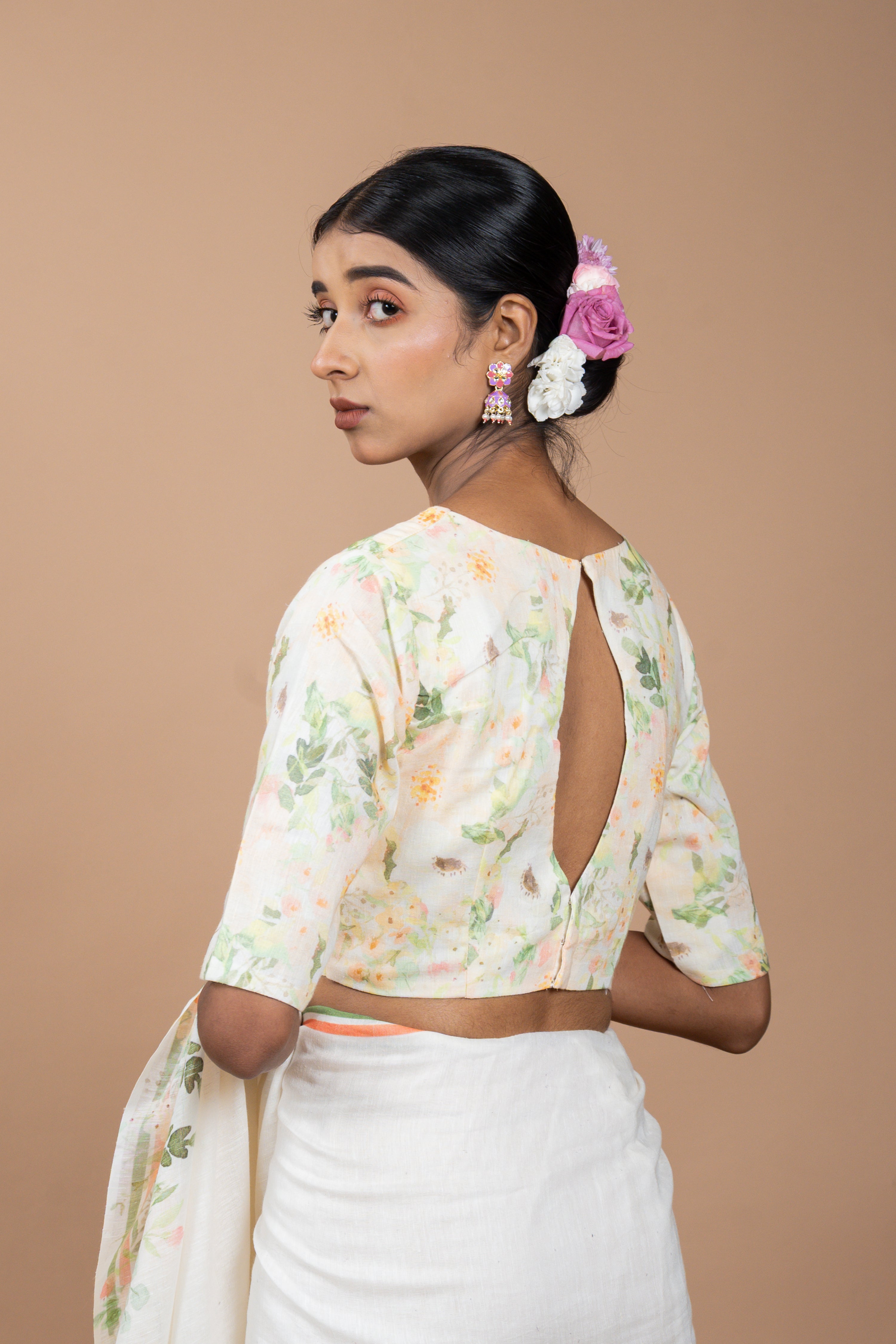 Kamal I Cream Handloom Linen Floral Printed Designer Blouse