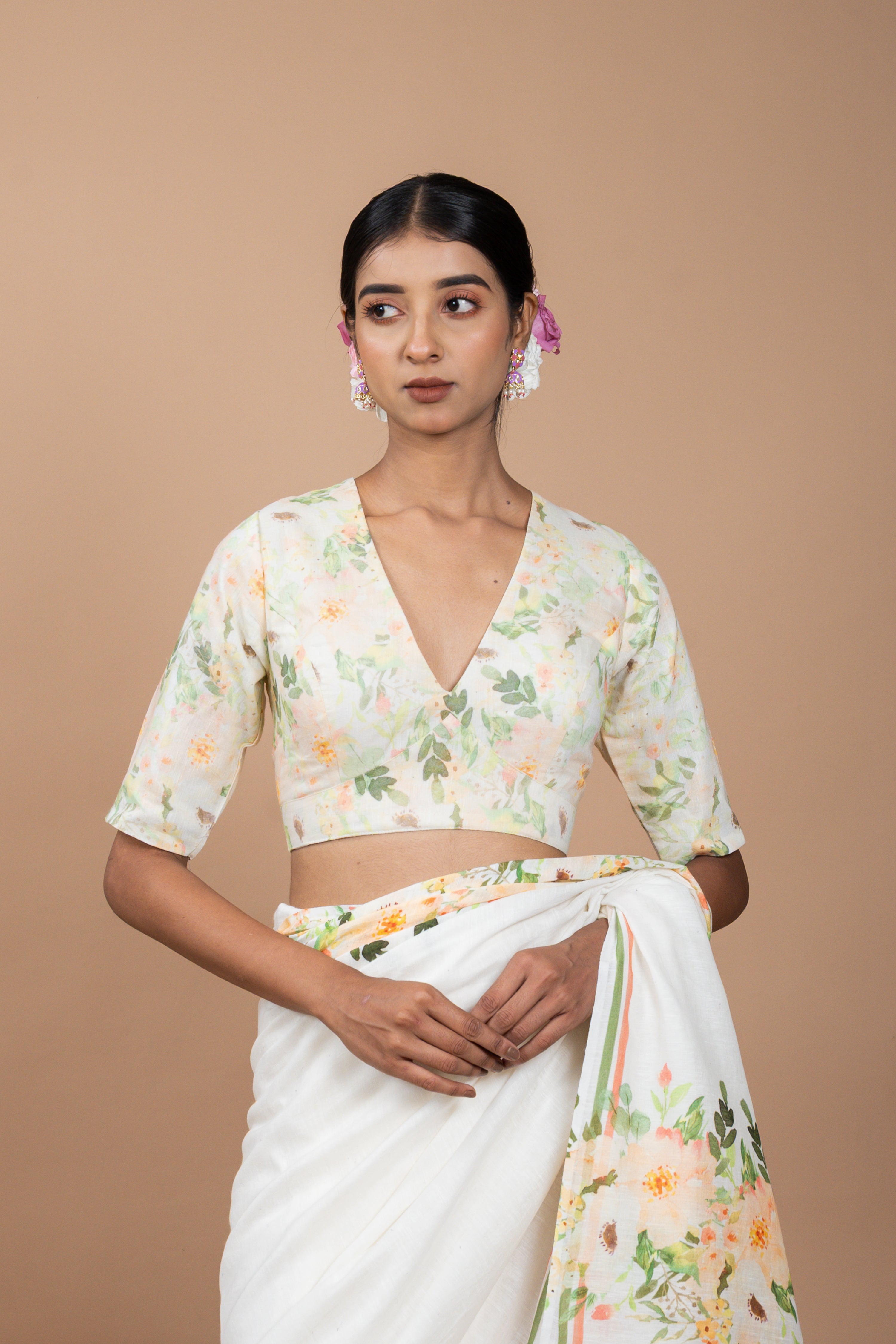 Kamal I Cream Handloom Linen Floral Printed Designer Blouse
