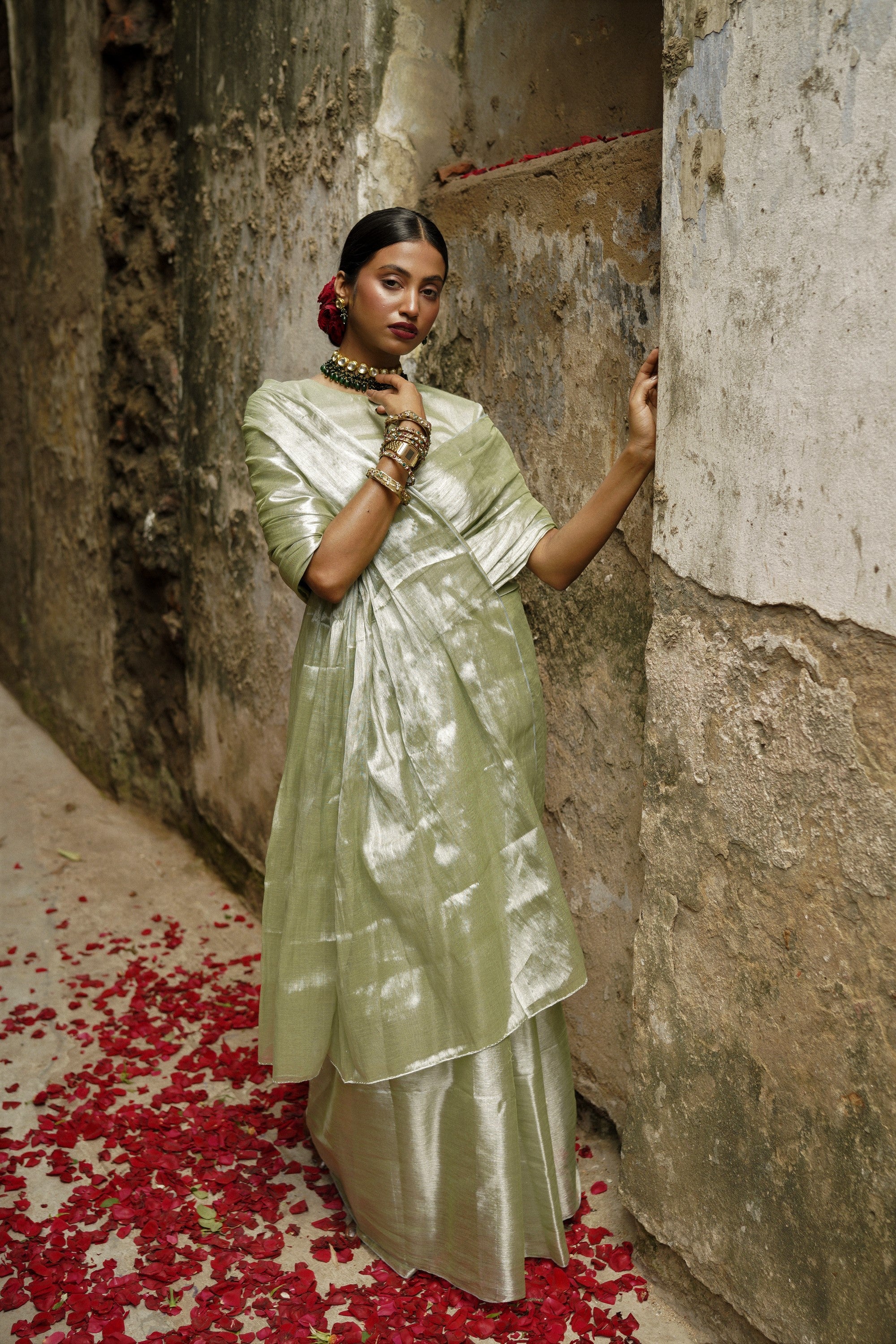 Handwoven Tissue Pastel Pista Saree With Ready to Wear Pastel Pista Blouse Combo (Pista Badam & Pista)