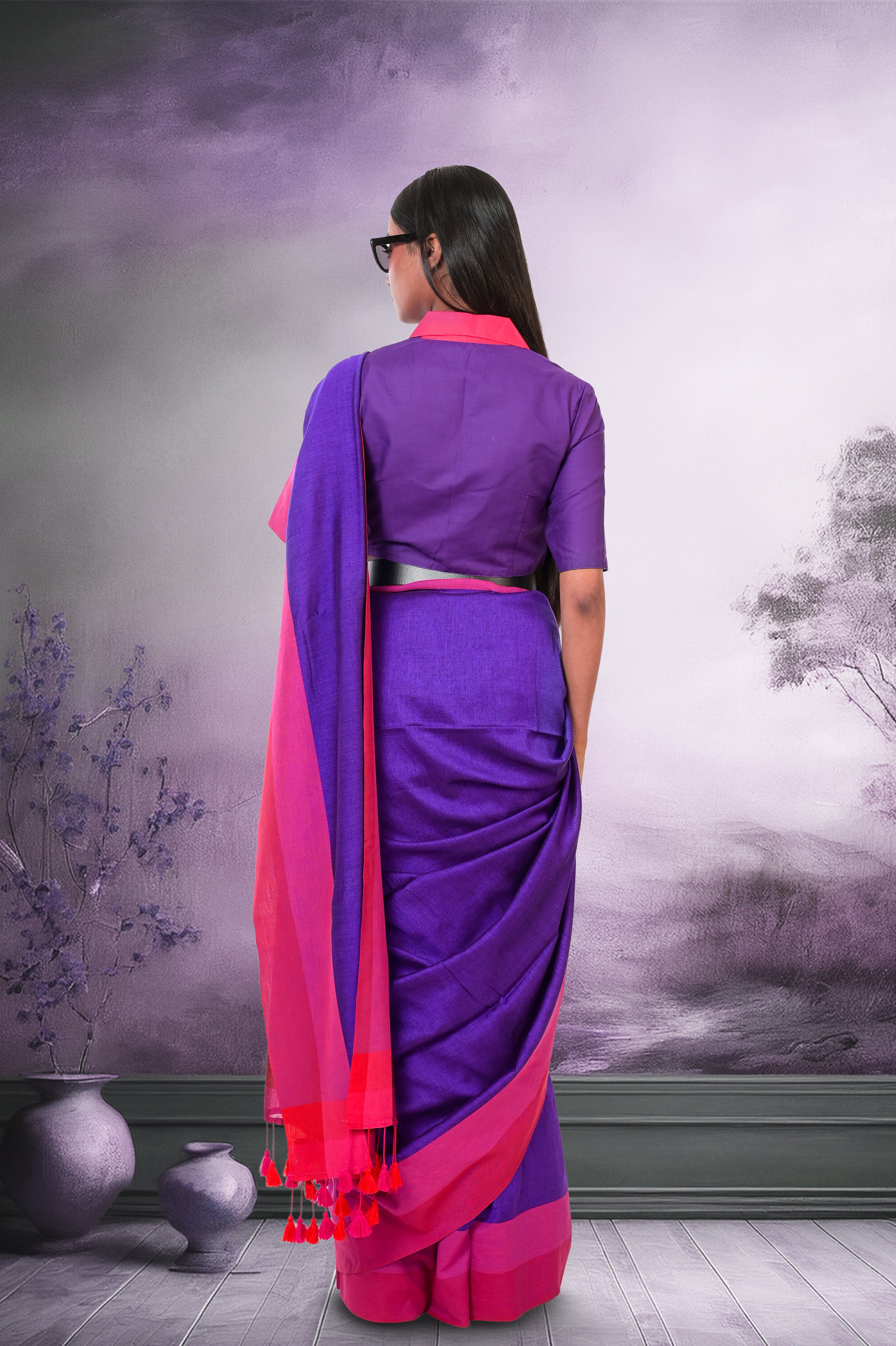 Royal Plum I Purple Handloom Acrylic Cotton Saree with Red and Pink Border