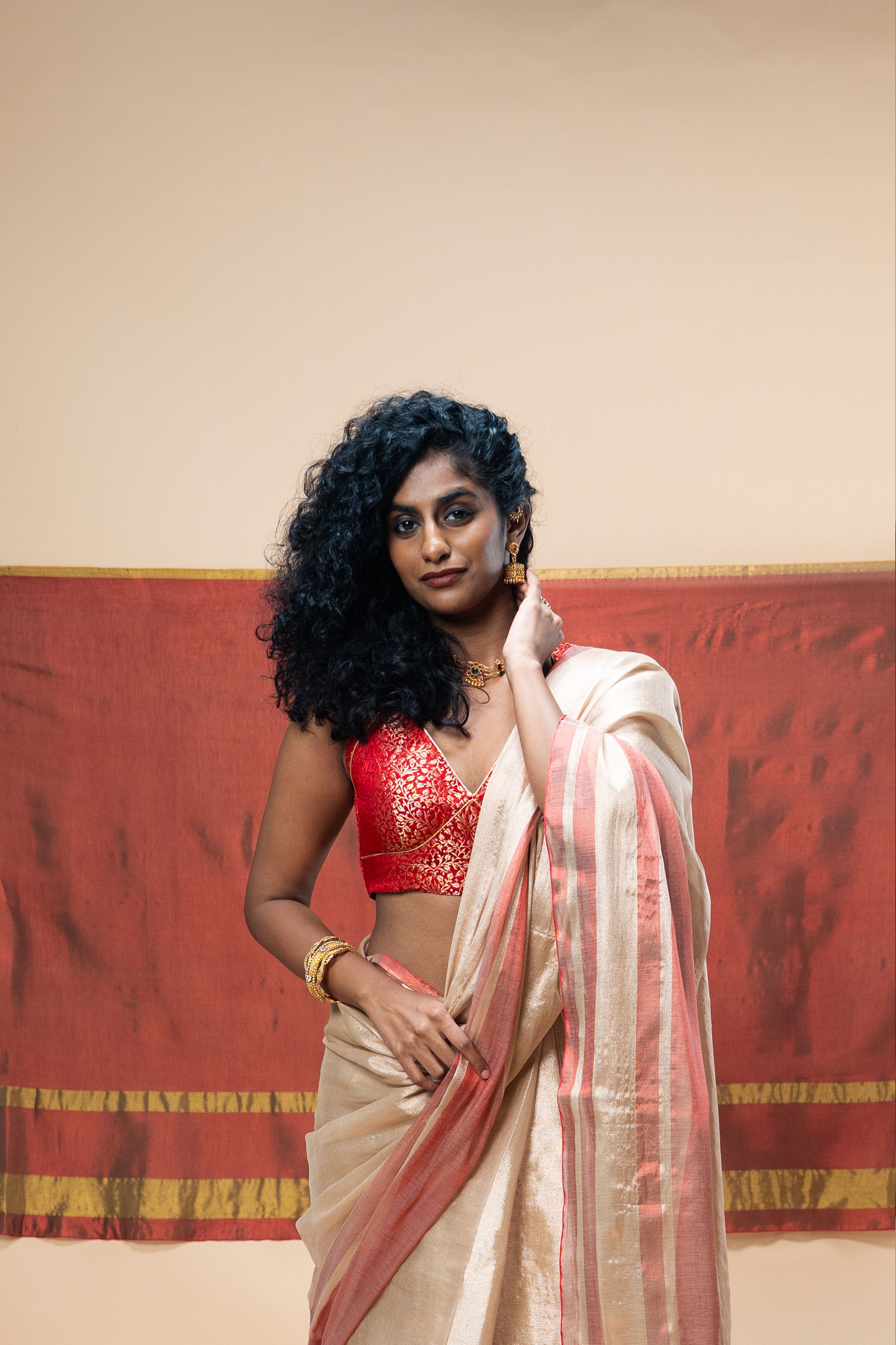 Shruti I Red brocade silk blouse with sweetheart  neck