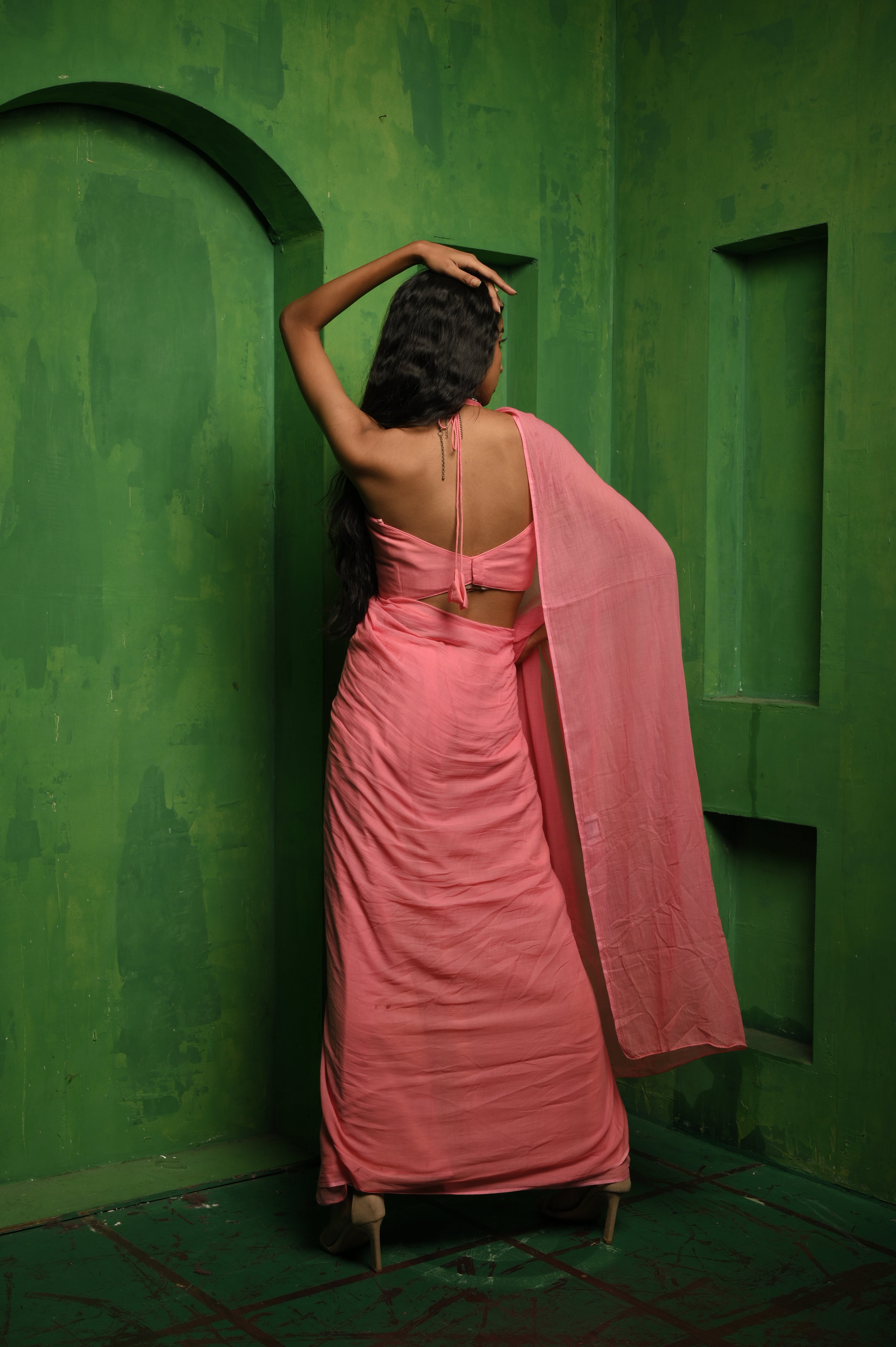 Handwoven Baby Pink Mul Modal Saree with Ready to Wear Blouse Combo (Sugar Plum & Plum Delight)