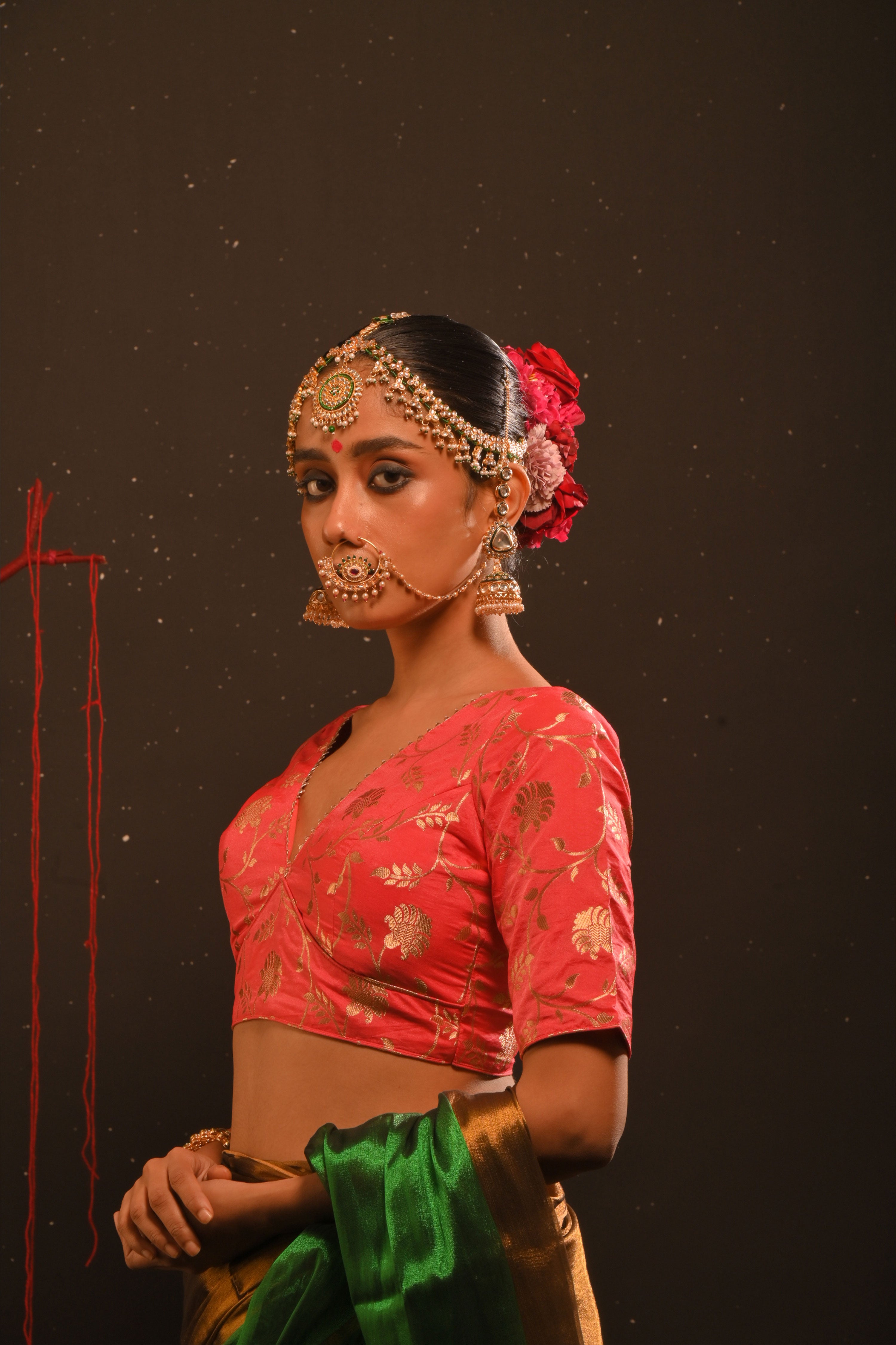 Vishruti I Coral red floral brocade blouse