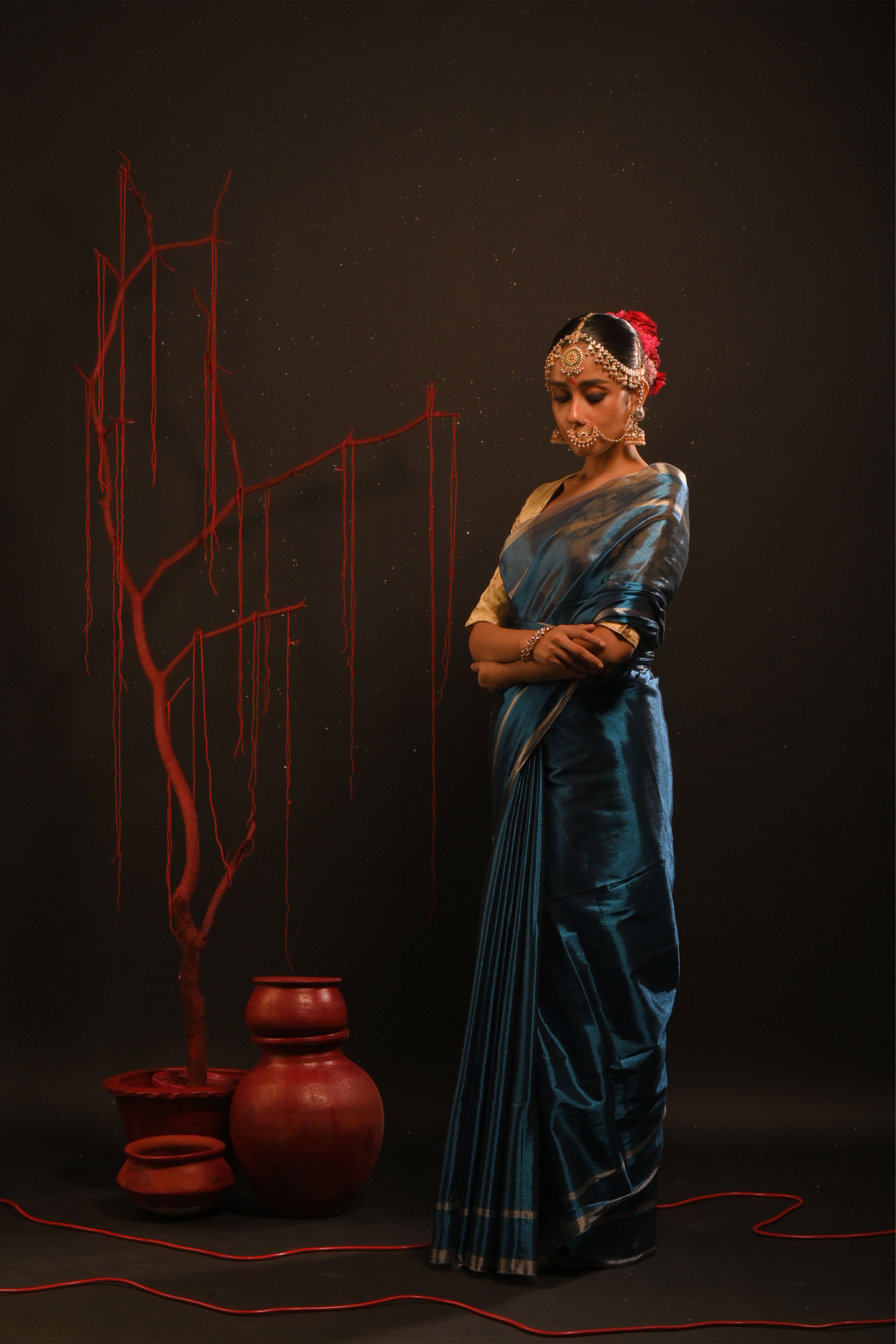 Devisha I Blue handwoven tissue saree with silver striped border