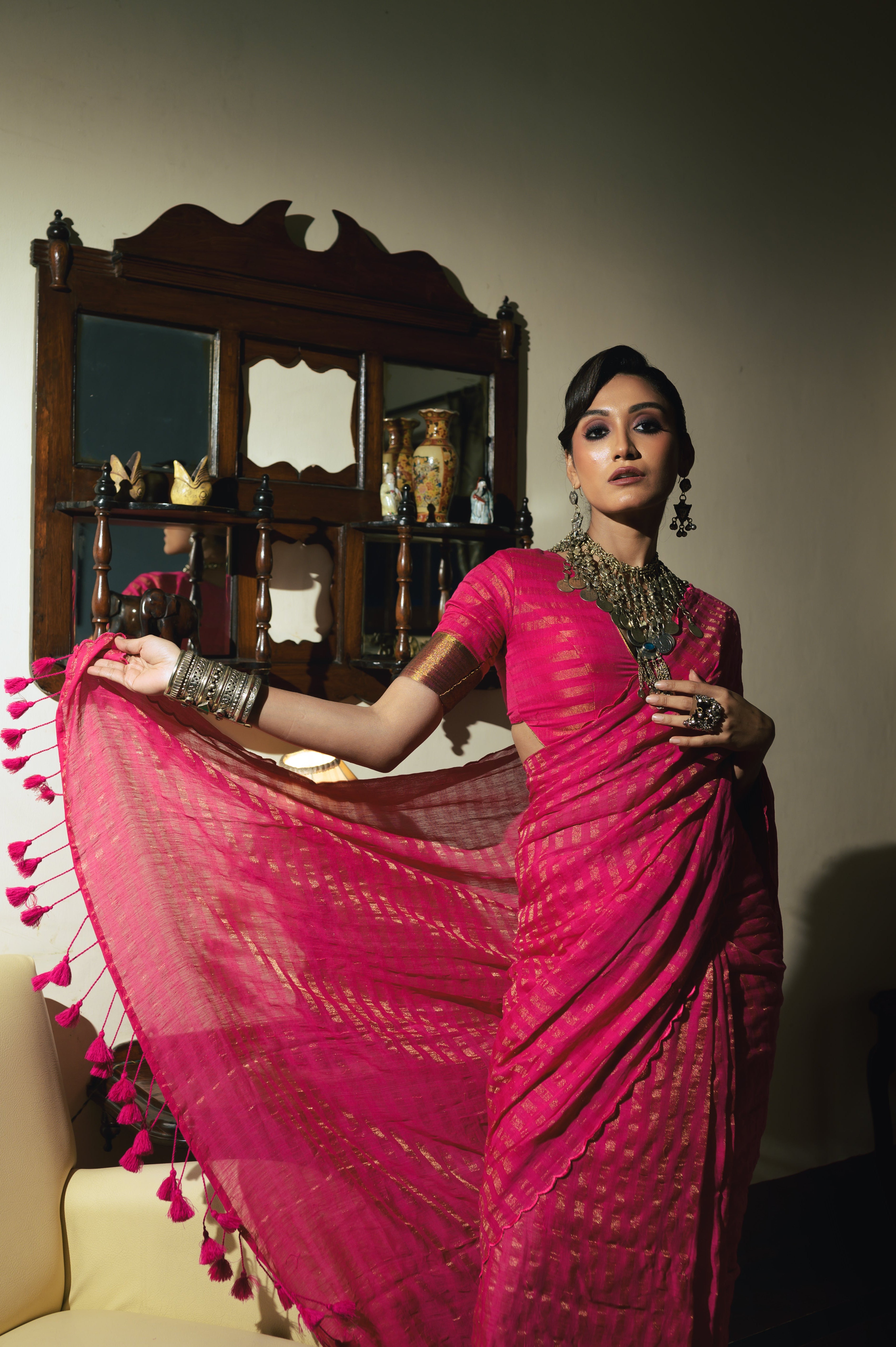 Handwoven Pink Cotton Saree with Zari Stripes and Ready to Wear Blouse Combo (Twin Realm & Magic Wand)