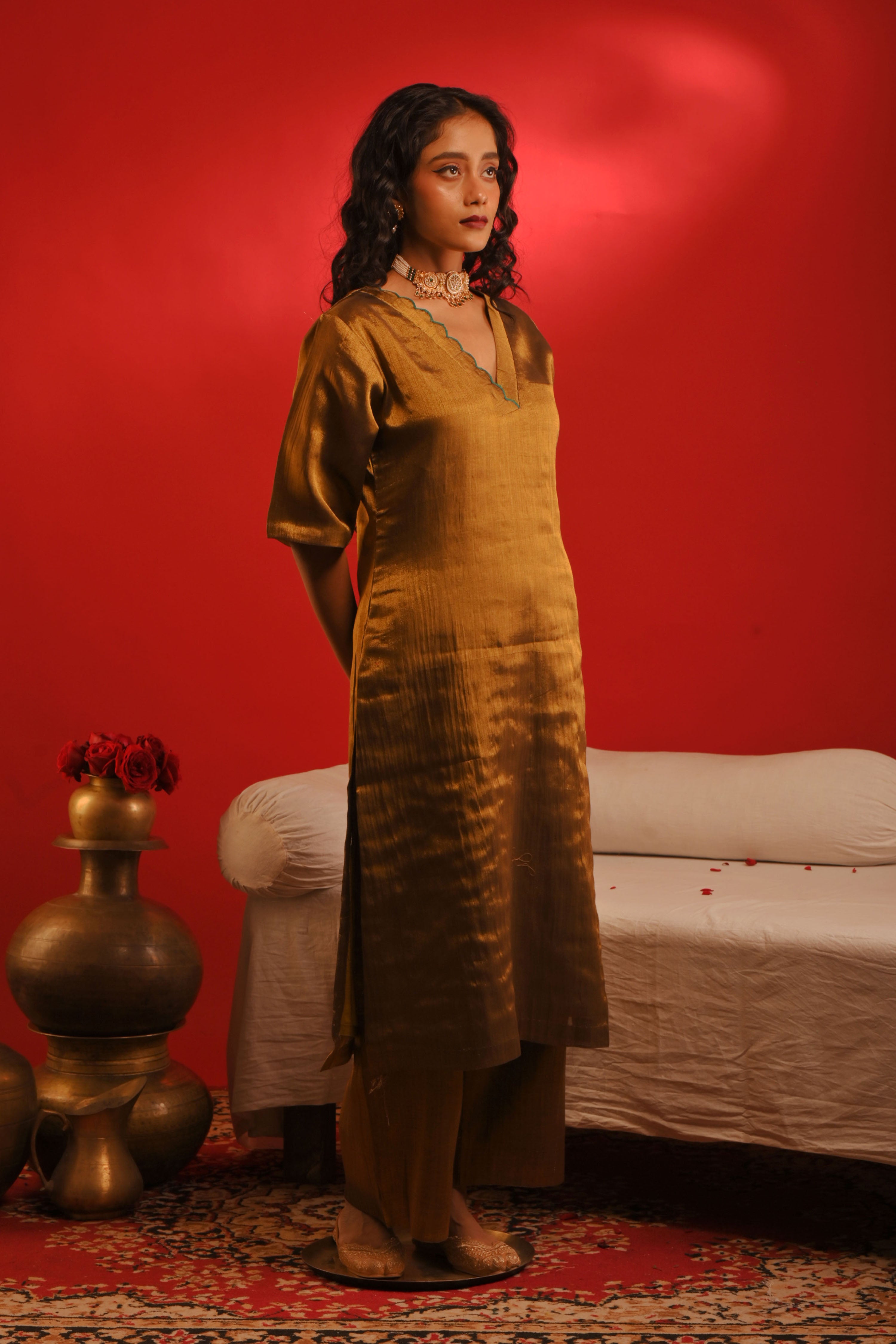 Ishanya I Golden handloom tissue kurta pant set
