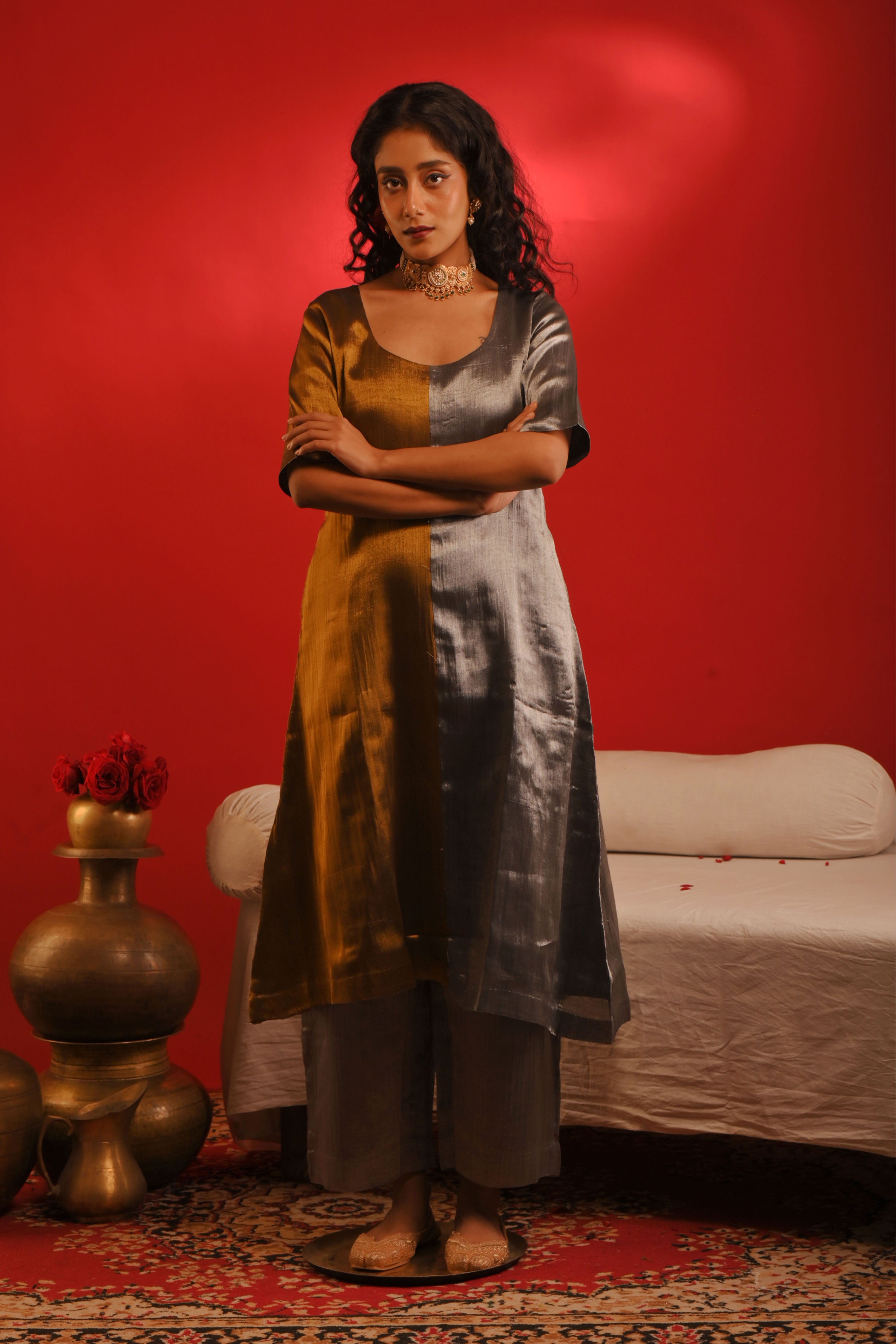 Nishaali I Golden and Silver handloom tissue kurta pant set