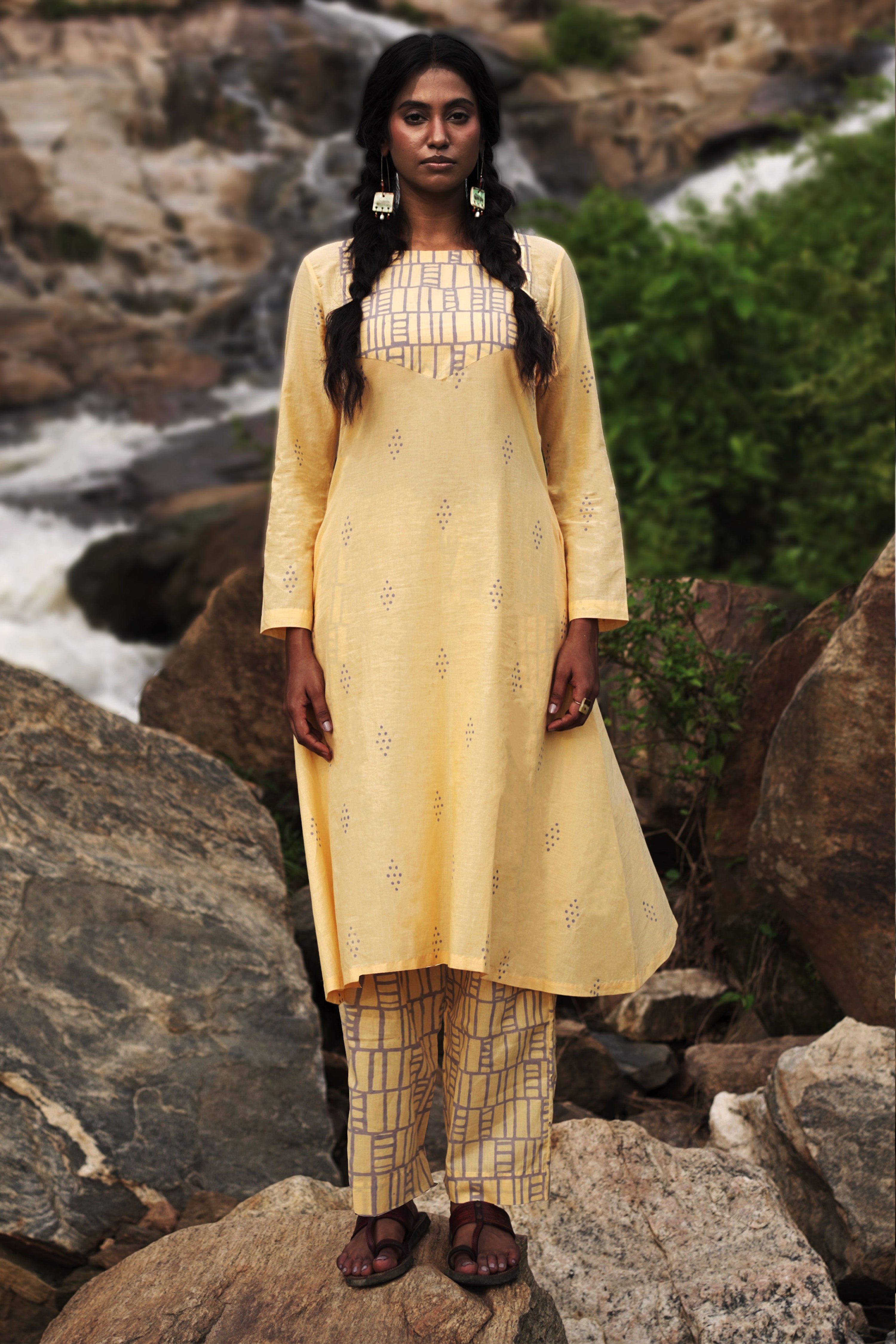 Isha I Yellow Cotton Hand Block printed Kurta-pant set